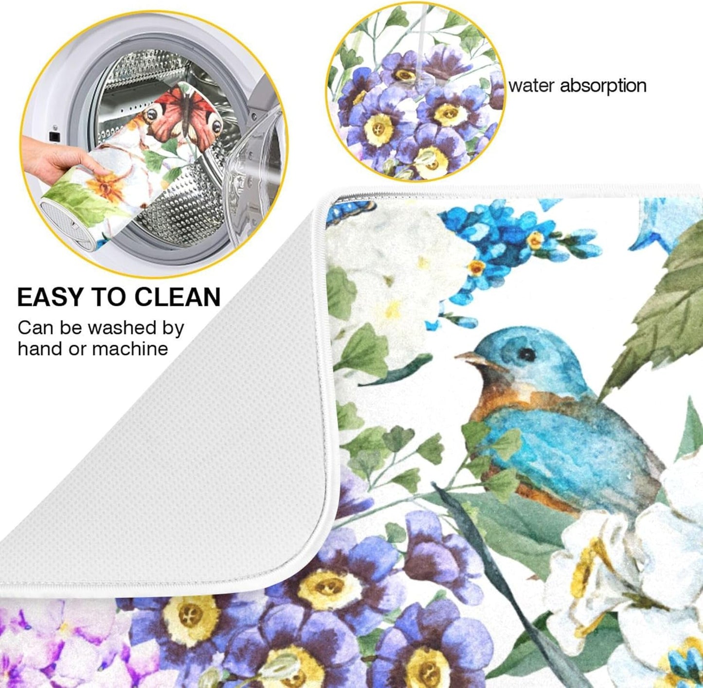 Floral Birds Dish Drying Mat for Kitchen Spring Globe Daisy Butterfly Flowers Microfiber Drying Mats Absorbent Reversible Dish Pad Large Dish Draining Mat 18x24 inch