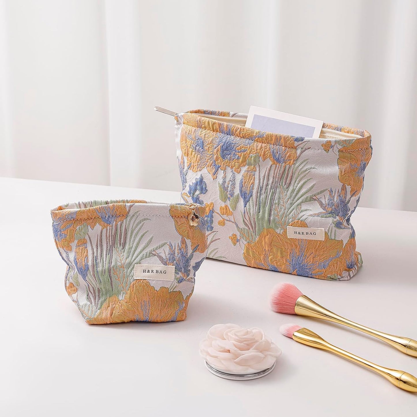 2 Pcs Makeup Bags, Large Cosmetic Bag Travel Toiletry Bag Organizer for Women, Embroidery Craft, Floral Makeup Bag Small Cosmetic Pouch Purse with Zipper Gifts for Girls Teen