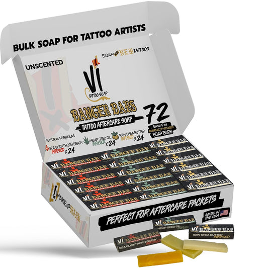 Banger Bars Tattoo Aftercare Bulk Soap – 72 Count Variety Pack | Individually Packaged 0.4oz Bars for Artists, Studios & Shops | Unscented Gentle Cleansing Formulas, Wholesale Supplies