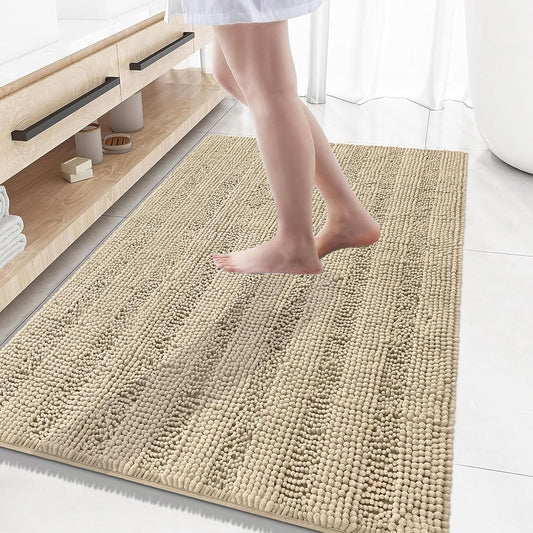 Grandaily Chenille Striped Bathroom Rugs 59x35, Extra Thick and Absorbent Bath Mats, Non-Slip Soft Plush Shaggy Shower Carpet, Machine Wash Dry, Bath Rug for Bathroom, Beige