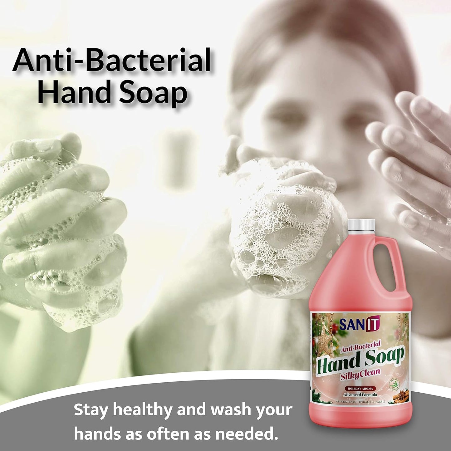 Sanit Silky Clean Antibacterial Liquid Gel Hand Soap Refill - Advanced Formula with Coconut Oil and Aloe Vera - All Natural Moisturizing Hand Wash - Made in USA, Holiday Aroma, 1 Gallon