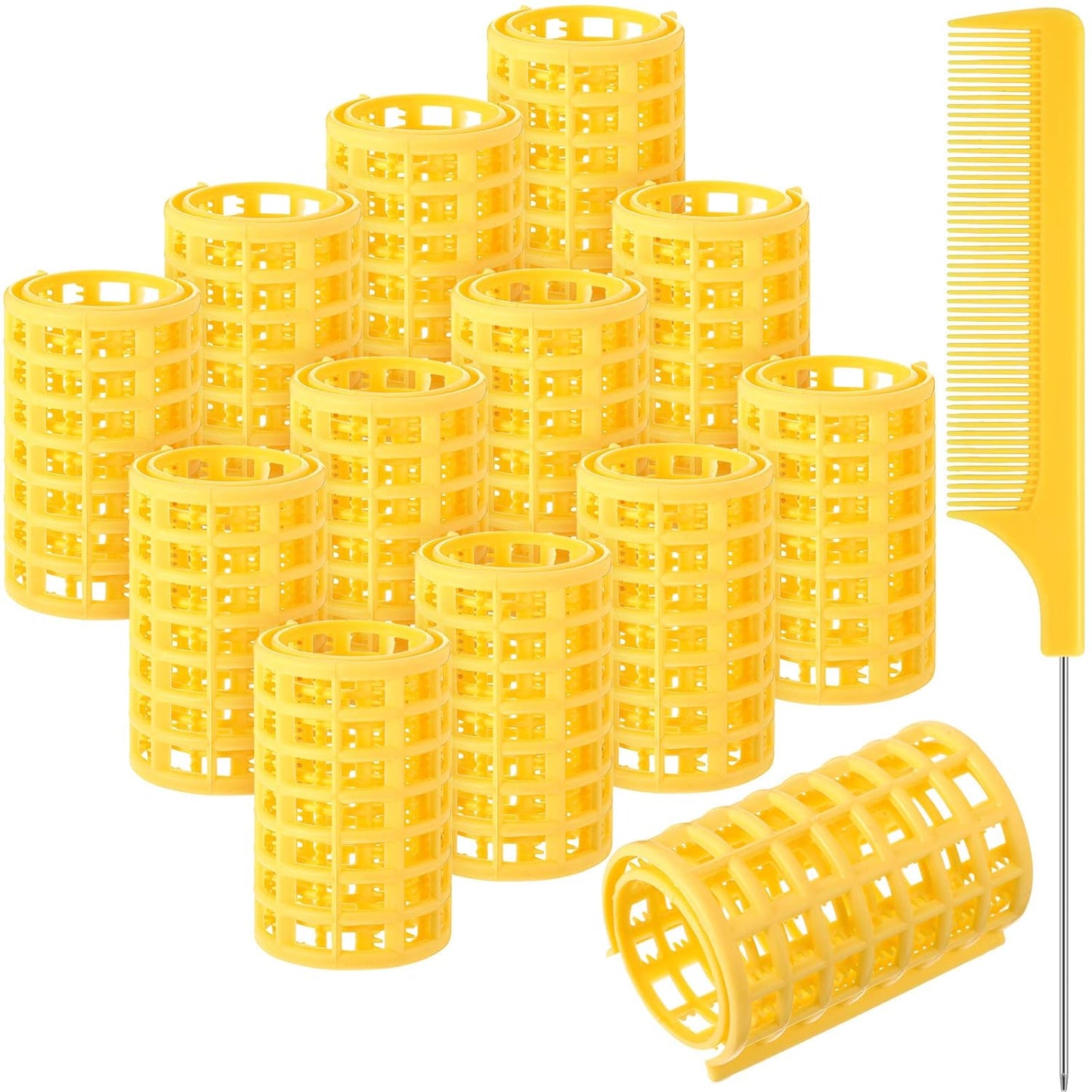 Syhood 12 Pcs Plastic Hair Rollers for Women Large Size Curlers Set Snap Roller Clips with Rat Tail Comb for Long Medium Short Hair Bangs, Salon Hairdressing Styling Tool (2.6 x 1.4 Inch,Yellow)
