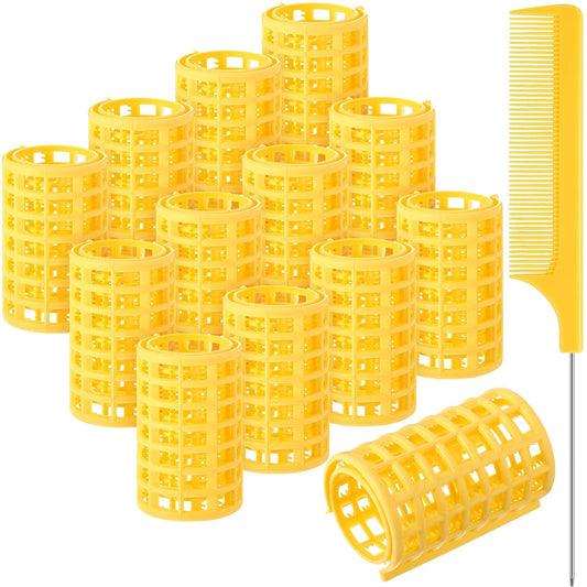 Syhood 12 Pcs Plastic Hair Rollers for Women Large Size Curlers Set Snap Roller Clips with Rat Tail Comb for Long Medium Short Hair Bangs, Salon Hairdressing Styling Tool (2.6 x 1.4 Inch,Yellow)