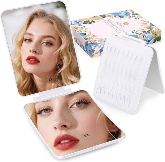 Travel Makeup Mirror with 1X/10X Magnifying, Portable Folding Make Up Tabletop Mirror for Office, Compact Vanity Mirror for Travel (Pearl White, No LED Lights)
