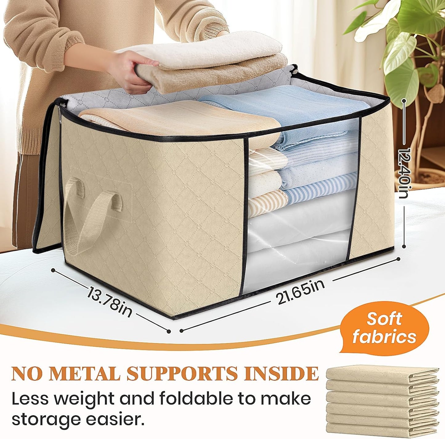 Fab totes 8 Pack Clothes Storage, Foldable Thick Fabric Blanket Storage Bags, Containers for Organizing Bedroom, Closet, Clothing, Comforter, Organization with Handle,Beige