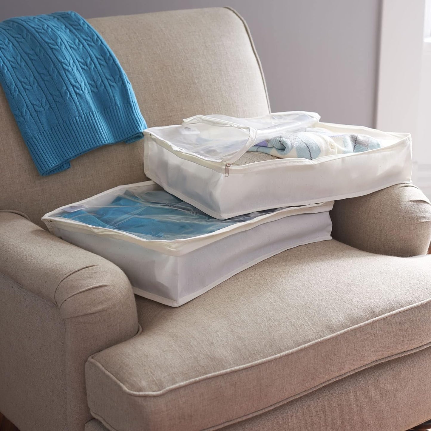 Household Essentials Lightweight Canvas Sweater Bag 2 Pack, Durable Canvas with Clear PEVA Top, 3-Sided Zipper, Perfect Fit for Shelving or Under the Bed