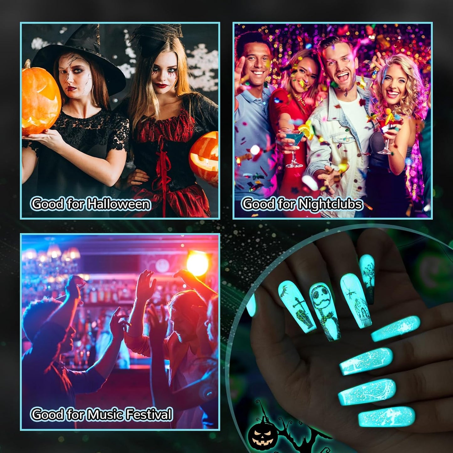 Glow In The Dark Gel Polish - Glitter Luminous Blue Nail Gel Top Coat with Fine glitter decoration No Wipe Long-lasting Transparent Glow UV LED Needed, Perfect for Any Festival Halloween