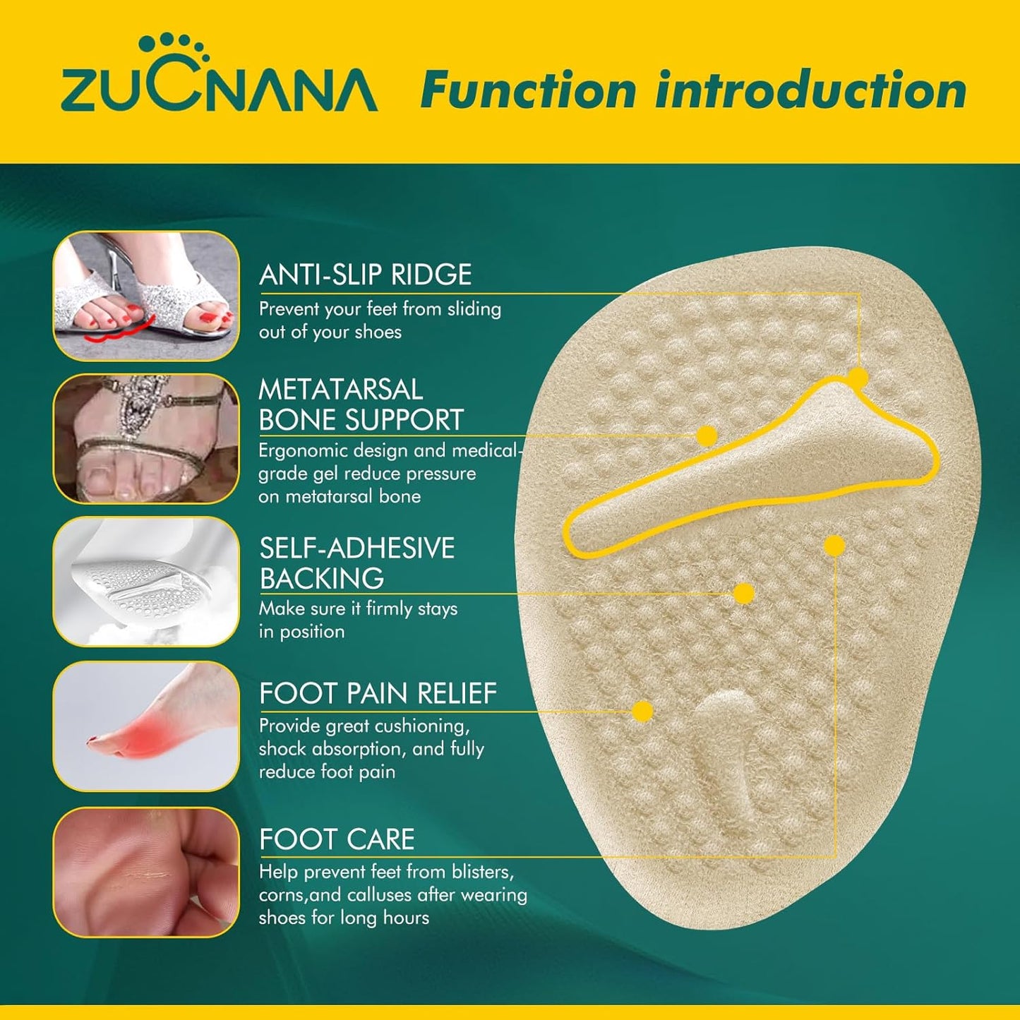 Ball of Foot Cushions (Beige) | Metatarsal Pads for Women (6 Pairs Foot Pads) | Reusable Shoe Inserts for Pain Relief | Non-Slip Heel Cushion Inserts Best for Neuroma and Callus