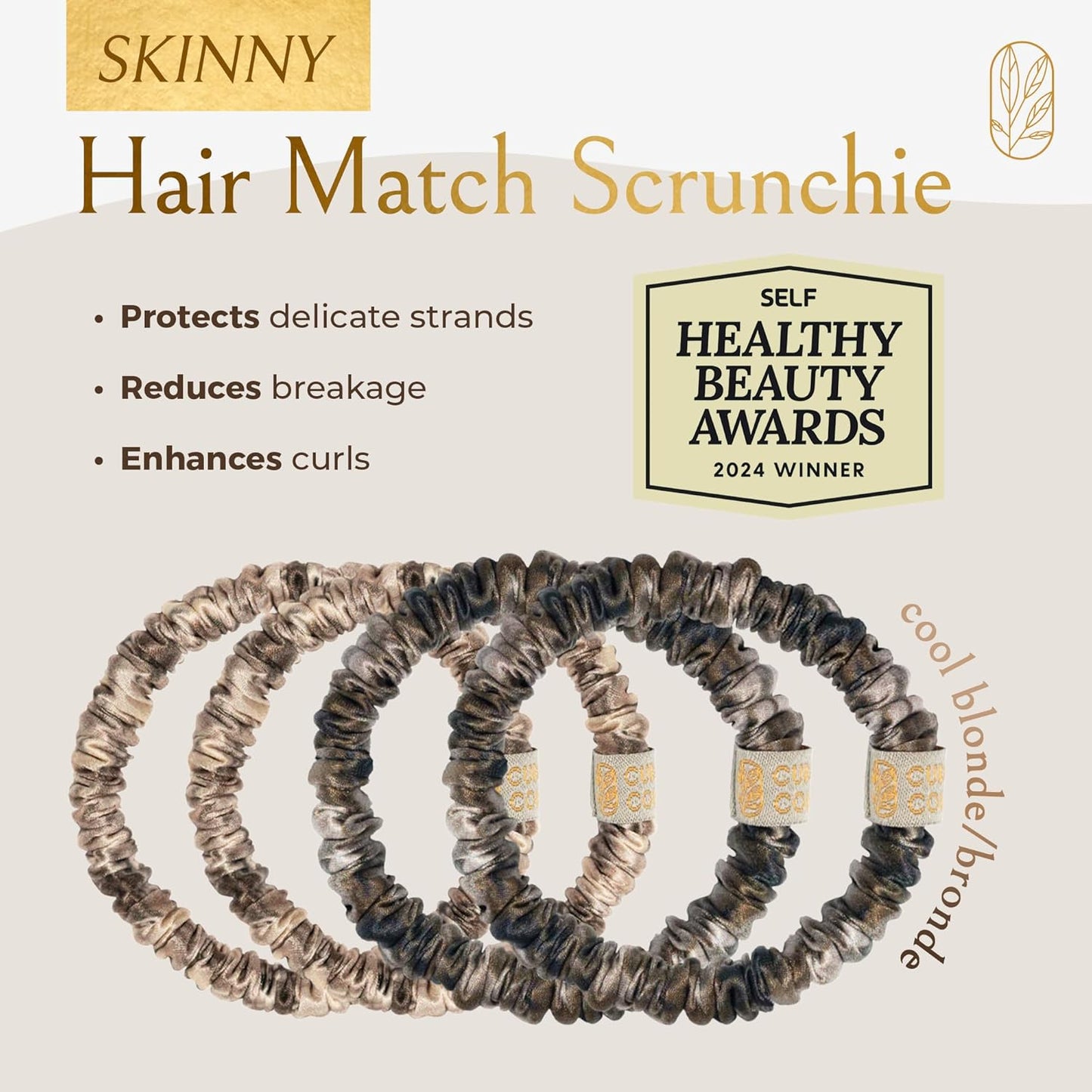 Authentic Mulberry Silk Skinny Hair Match Scrunchies for Women, Anti Breakage Hairties for Curly Thick & Thin Hair, 100% Silk for Buns, Sleep & Ponytail, Cool Blonde/Bronde (4 Pack)