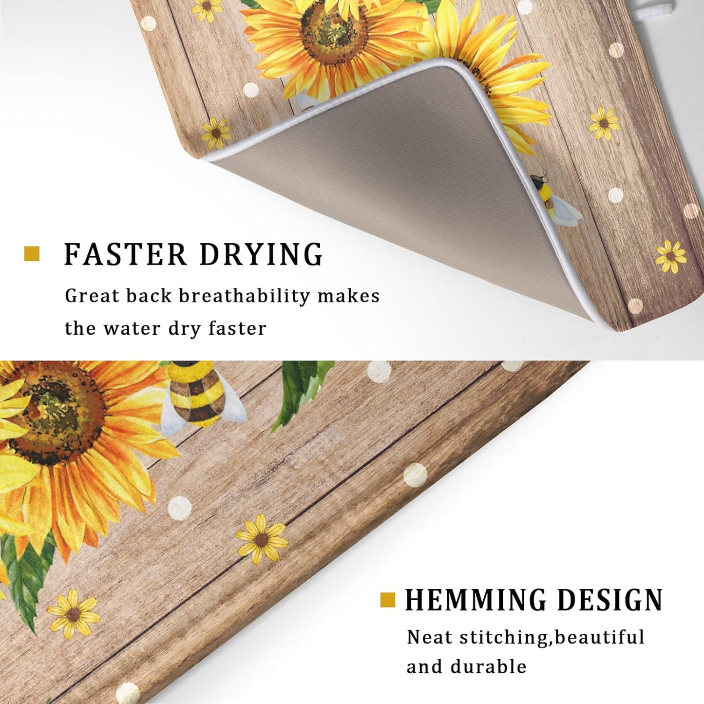 Sunflower Bee Dish Drying Mat for Kitchen Counter Home 18x24 Inch Wood Barn Microfiber Drainer Rack Mats Washable Absorbent Dish Dry Pad