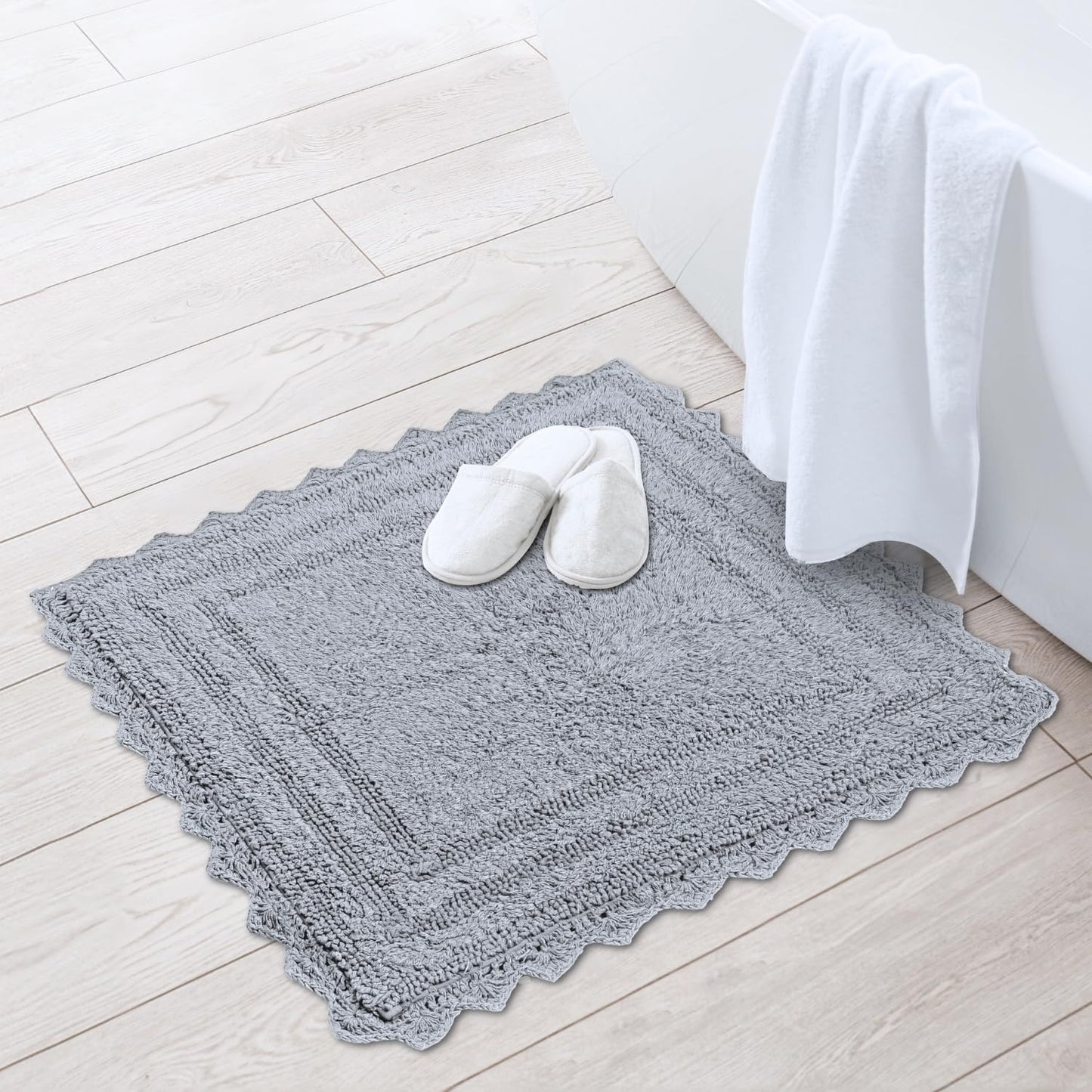 RAJRANG Bathroom Rug for Kitchen and Spa with Crochet Pattern Cotton Absorbent Soft Reversible Bath Mat Light Grey Square 24 Inches