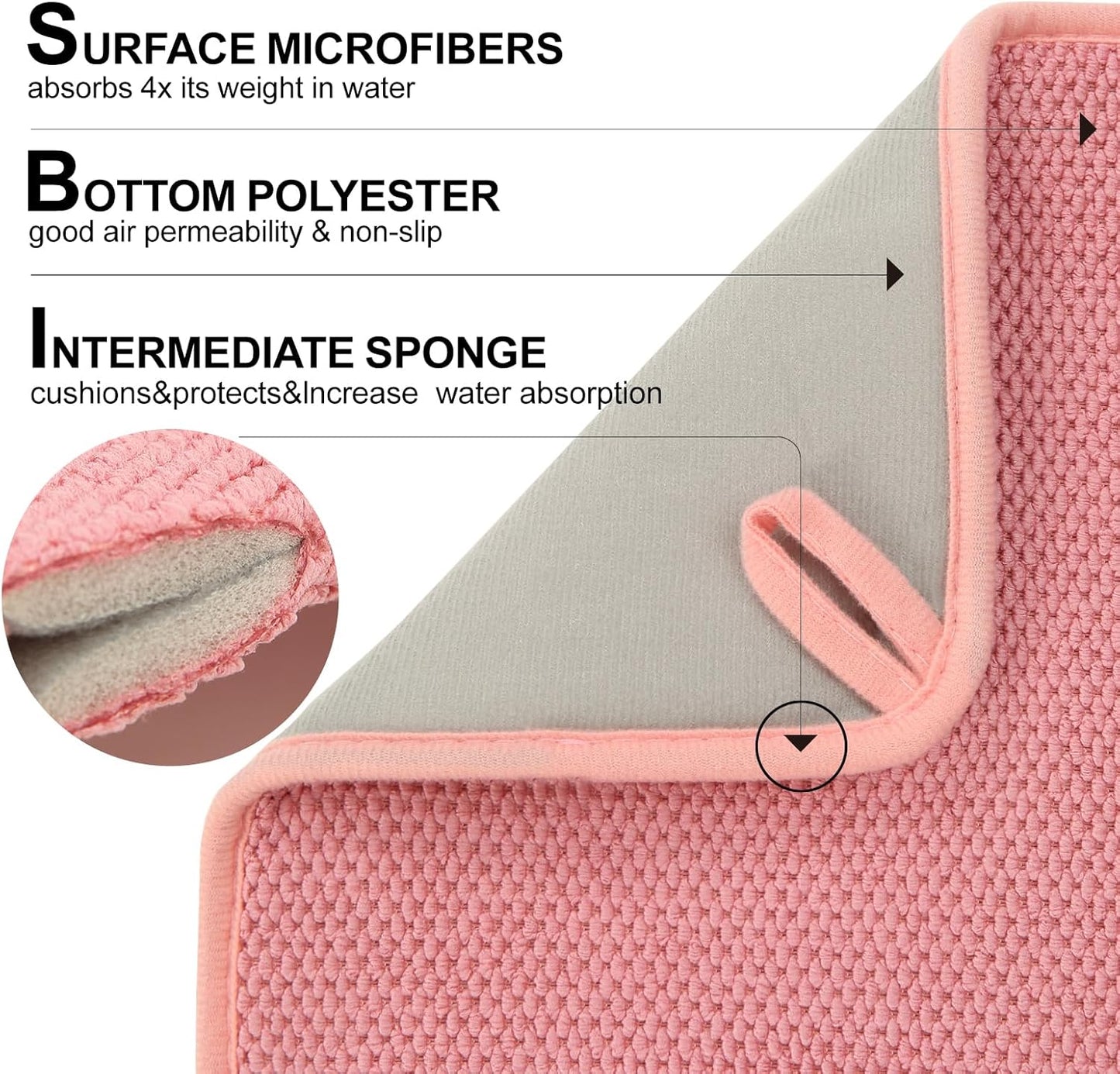 2 Pack Microfiber Dish Drying Mat for Kitchen Counter,Ultra Absorbent Dish Drainer Mat ,Dish Drying Pad , Dish Rack Mat 20×15 Inch (Pink)