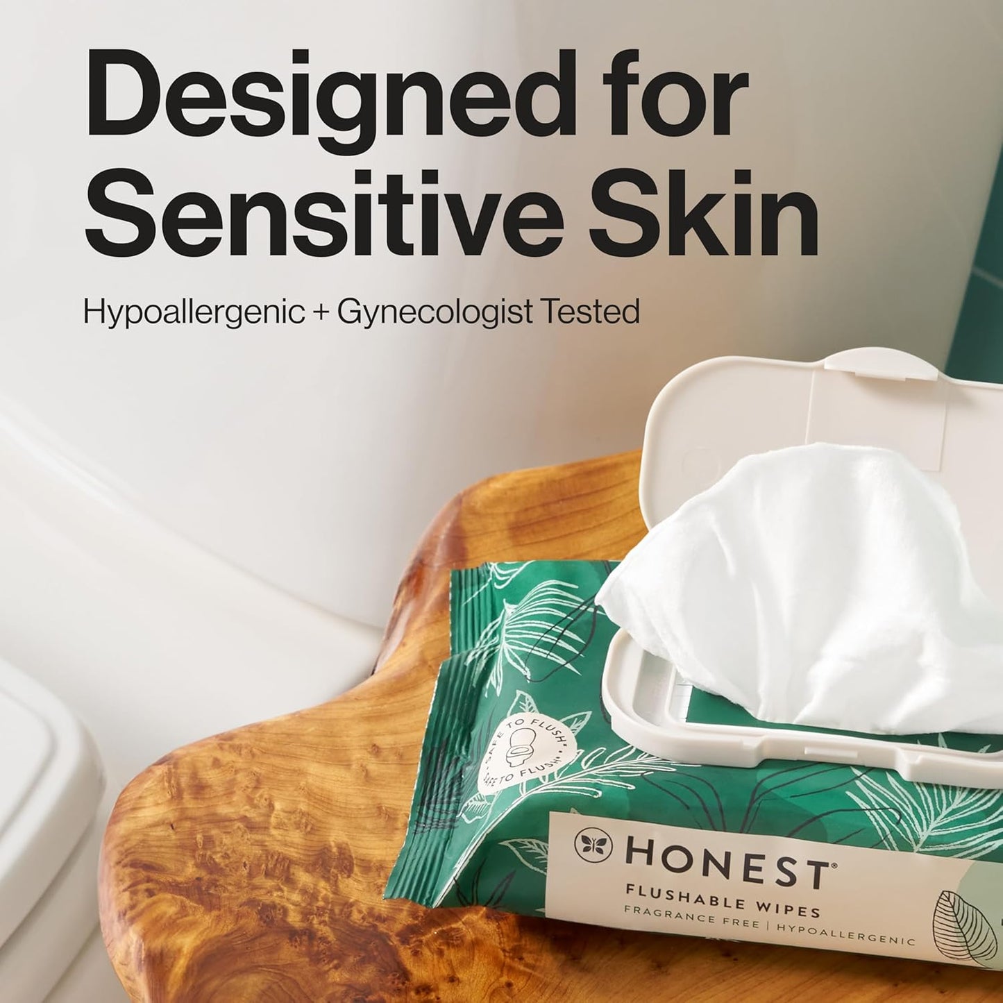 The Honest Company Flushable Wipes for Sensitive Skin | Fragrance Free, Hypoallergenic, 99% Water, Safe to Flush | pH Balanced Feminine Wipes | Tropical Leaves, 126 Count