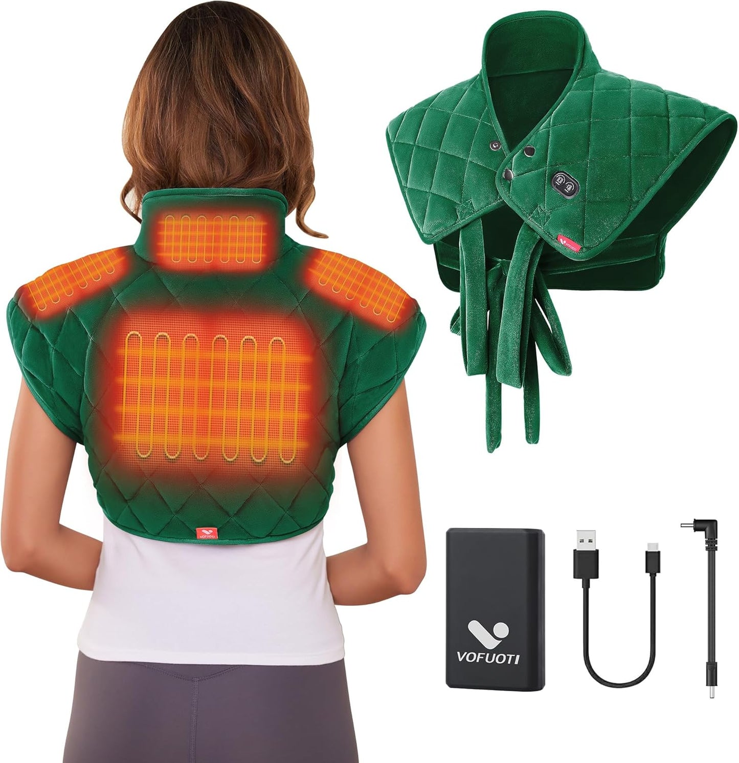 Vofuoti Heating Pad for Neck and Shoulders, Portable Heating Pad with Massager and Battery, Weighted Electric Heated Neck Shoulder Wrap, 16'' x 22'', 2.2lbs