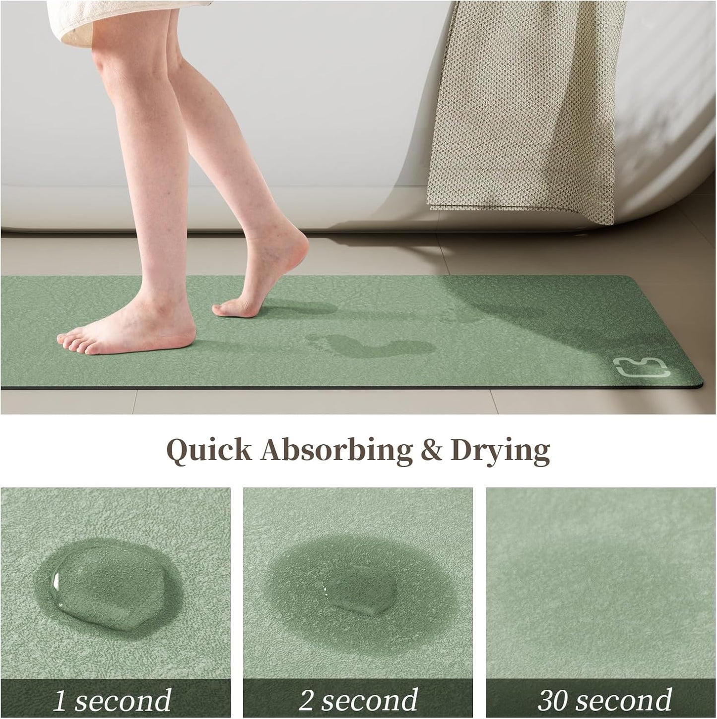 Diatomaceous Earth Bath Mat Rugs Quick Dry Super Absorbent Non Slip Rubber BottomThin Bathroom Mat Fit Under Door, Floor Rugs in Front of Bathtub,Shower Room,Sink,Washable, 17" x 32", Sage Green