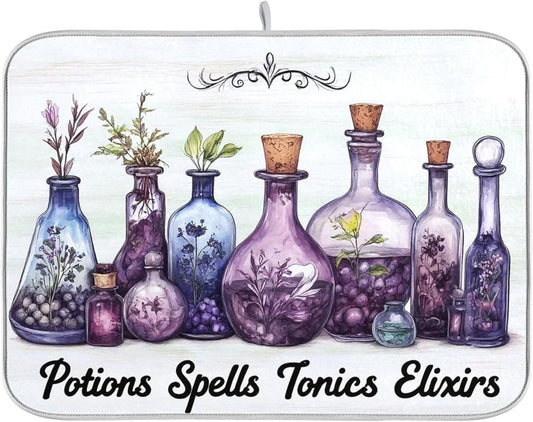Halloween Potions Dish Drying Mat for Kitchen Countertop 16x18 Witch Herbs Purple Spooky Small Drying Mat Reusable Quick Dry Dish Sink Mats Easy Clean Decorative Essentials