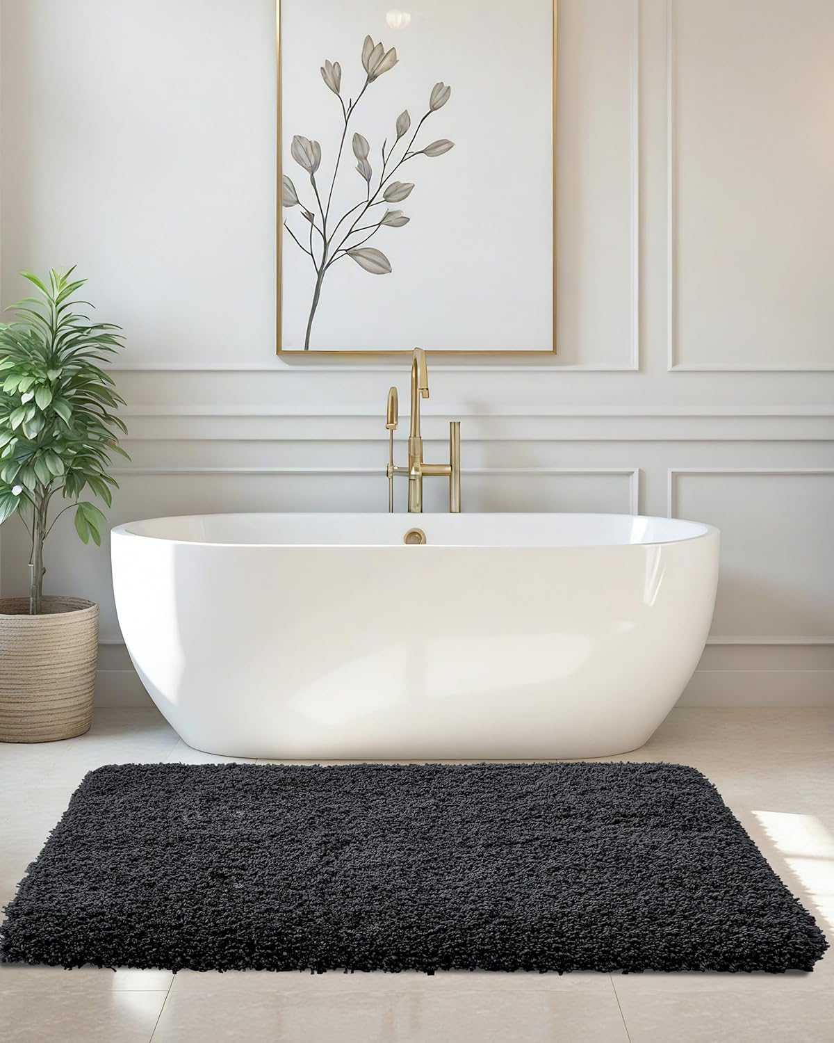 ILANGO Black Bathroom Rugs 60" × 24" Non Slip & Super Absorbent Thick Soft, Washable Bath Carpet Runner for Floor, Microfiber Plush Shaggy Bath Mats with Rubber for Bedroom Bathtub Shower Room