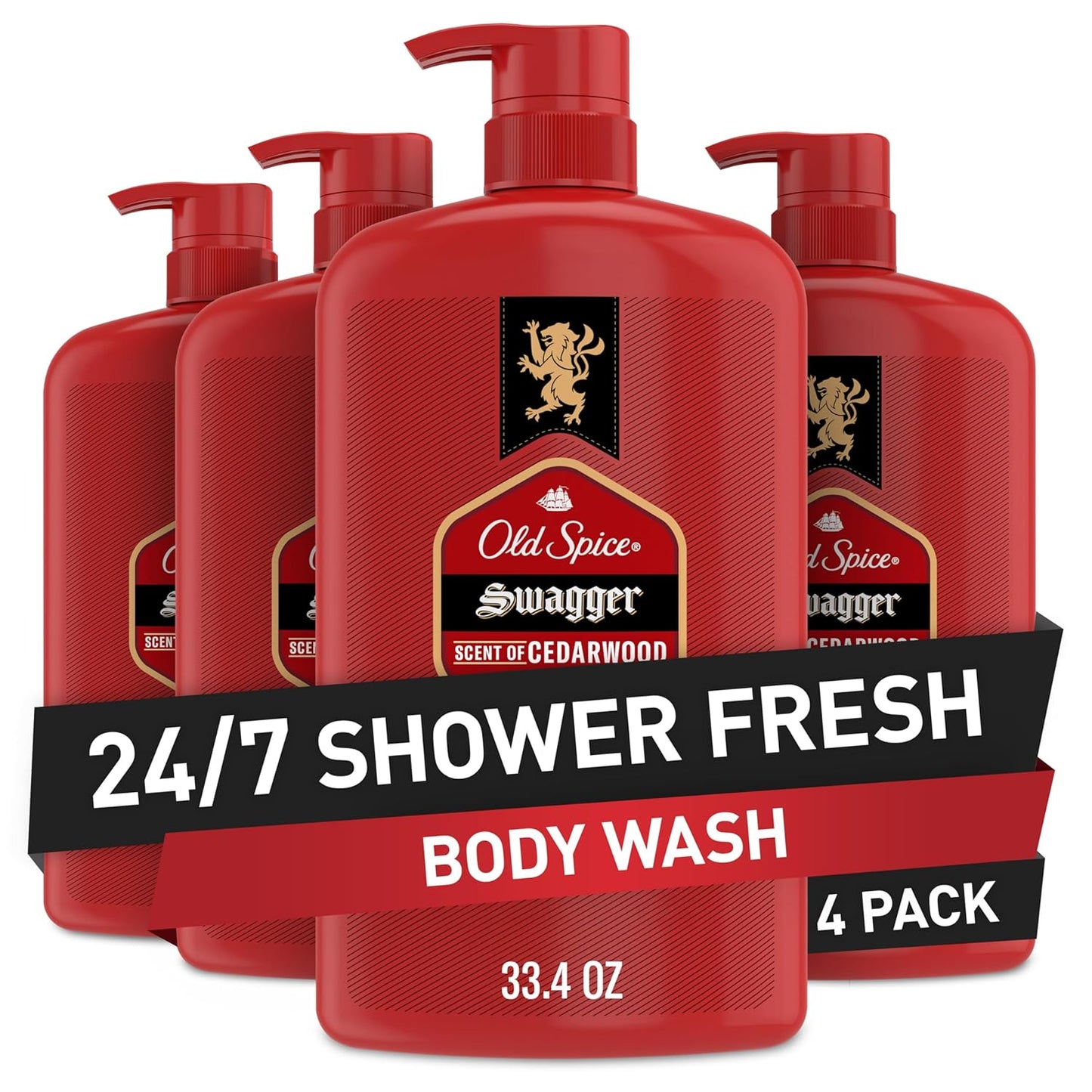Old Spice Body Wash for Men, Refreshing 3X Defense, 24/7 Shower Fresh with Long Lasting Scent, Red Collection, Swagger with Cedarwood Scent, 33.4 oz (Pack of 4)