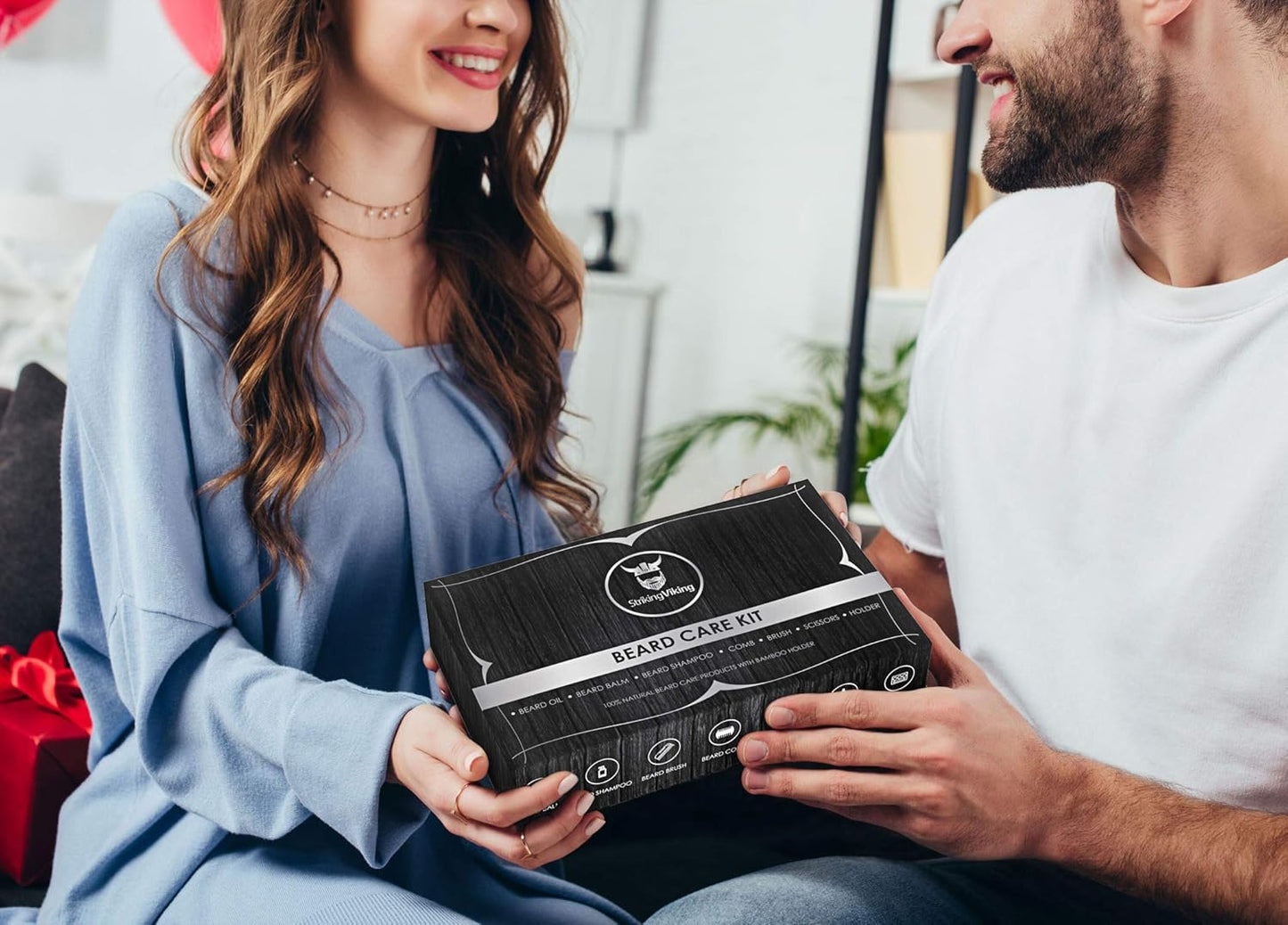 Striking Viking Beard Growth Kit - 7-Piece Set, Sandalwood Scent & Caddy - Oil & Balm with Beard Brush, Dual-Sided Comb & Scissors plus Mustache Comb for Grooming & Styling