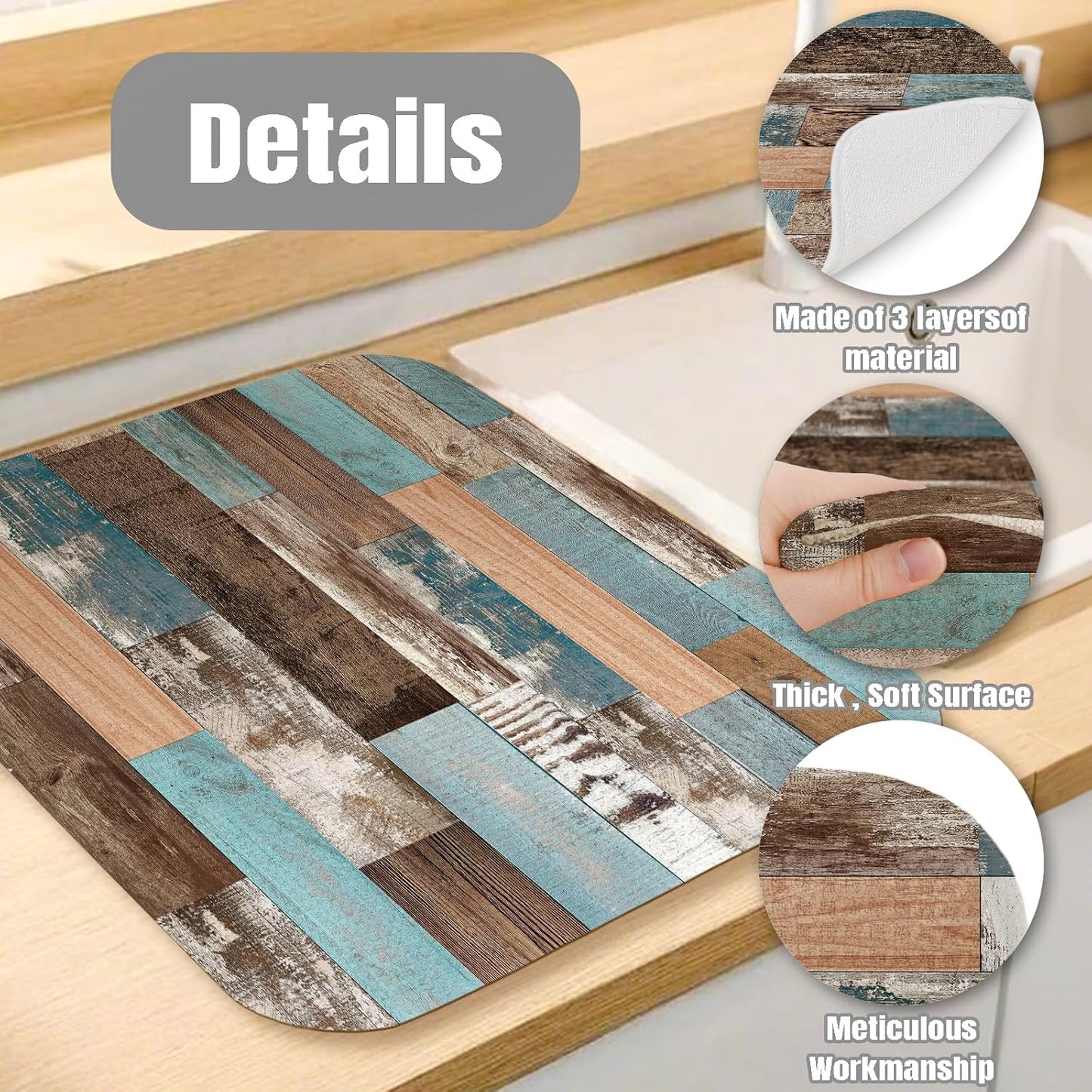 Dish Drying Mat for Kitchen Counter Large 16" x 18" Farmhouse Rustic Wood Absorbent Microfiber Dishes Drainer Rack Mats Pad Reusable Washable