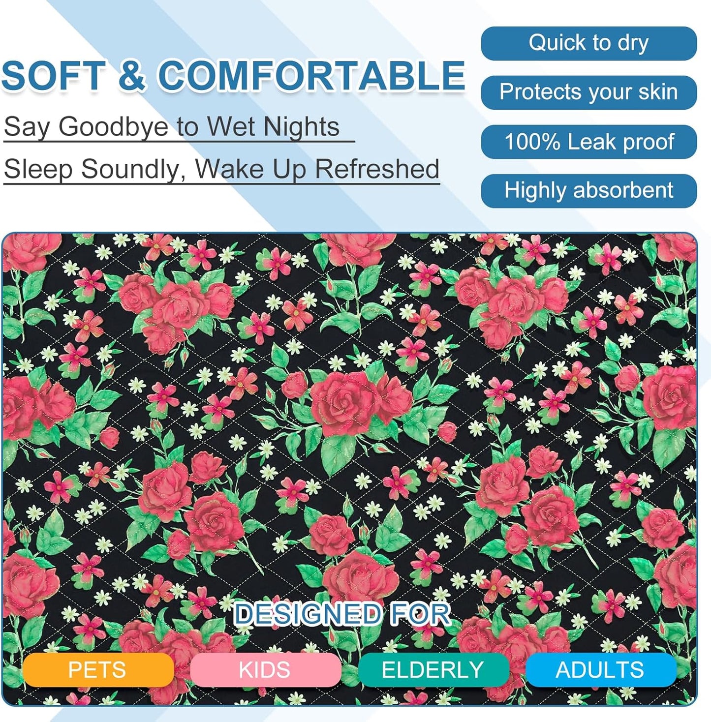 OUTCREATOR® Washable Bed Pads 34" x 76" (Pack of 2), Incontinence Mattress Protector, Anti-Slip Waterproof Underpads for Adults Kids Elderly Pets, Absorbency & Reusable Bedwetting Pads (Red Flower)