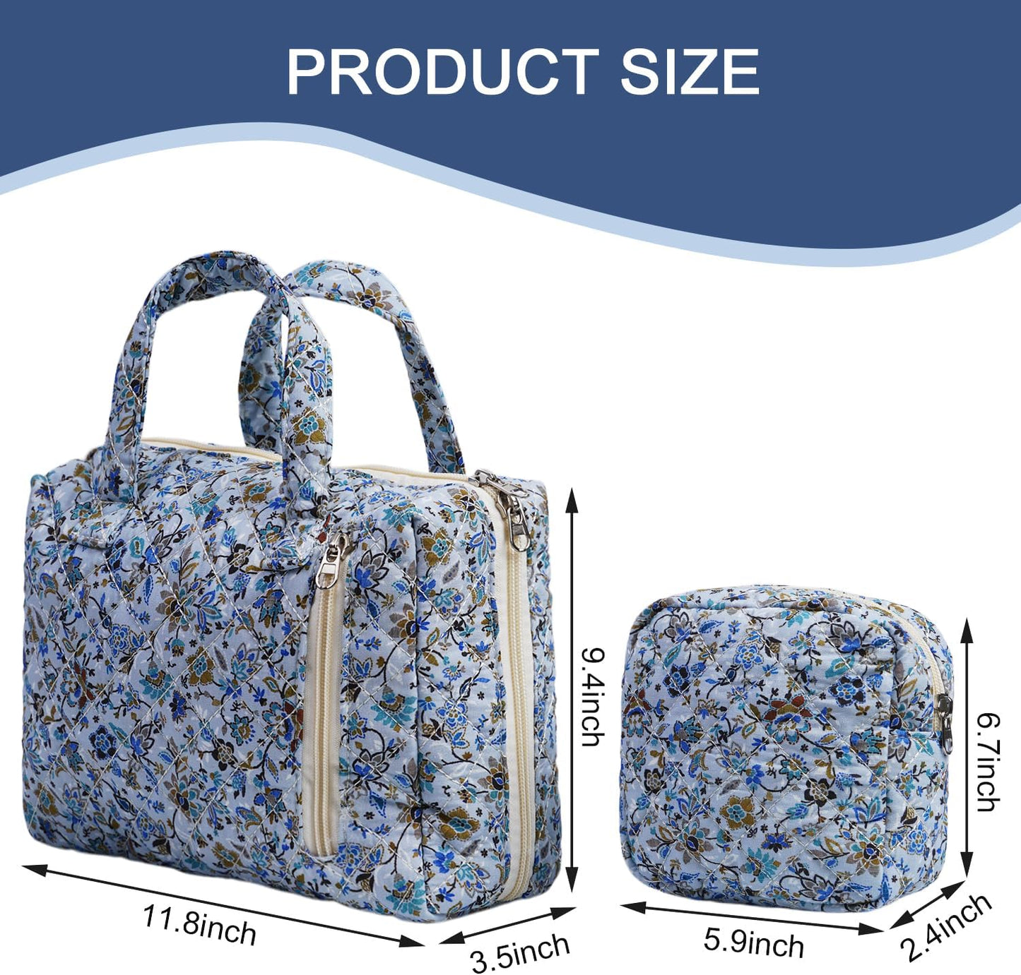 Cute Quilted Floral Makeup Bag(2Pcs)，Coquette Aesthetic Cosmetic Bag，Travel Toiletry Bags， Kawaii Aesthetic pouch for Women (14-BlueVine)