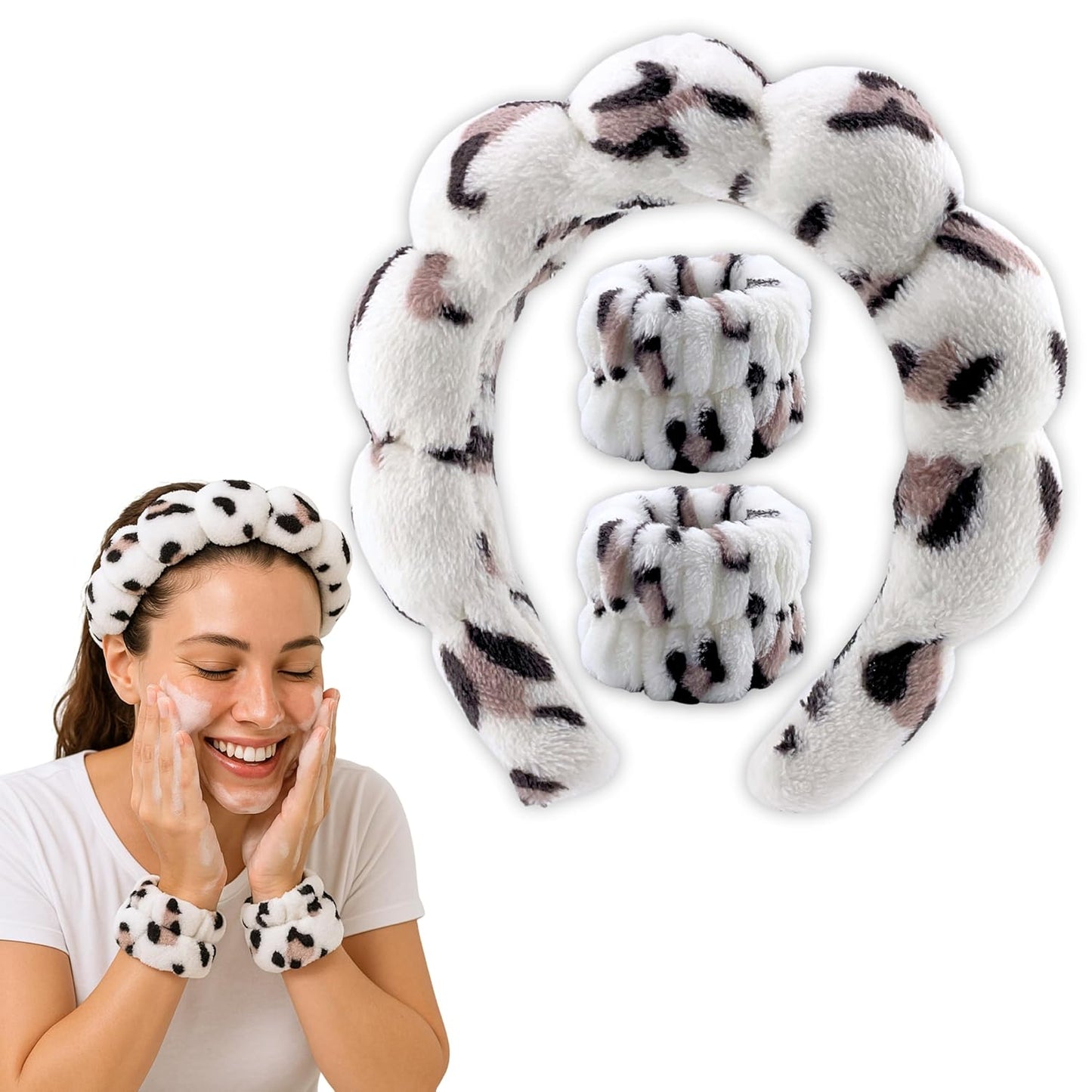 Spa Headband Wrist Band for washing face set Sponge Makeup Skincare Headband Wrist Towels Bubble Soft Terry Towel Cloth Hairband for Women Puffy Headwear Non Slip Thick Thin Hair Headwear (Leopard)