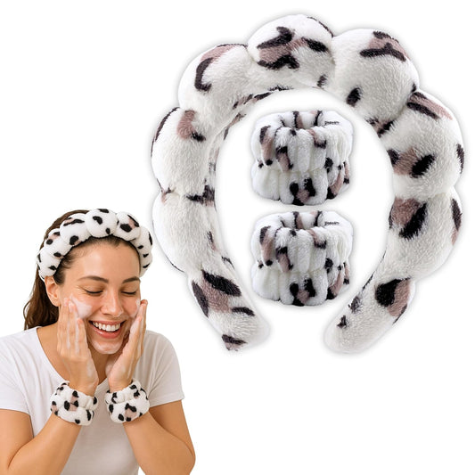 Spa Headband Wrist Band for washing face set Sponge Makeup Skincare Headband Wrist Towels Bubble Soft Terry Towel Cloth Hairband for Women Puffy Headwear Non Slip Thick Thin Hair Headwear (Leopard)