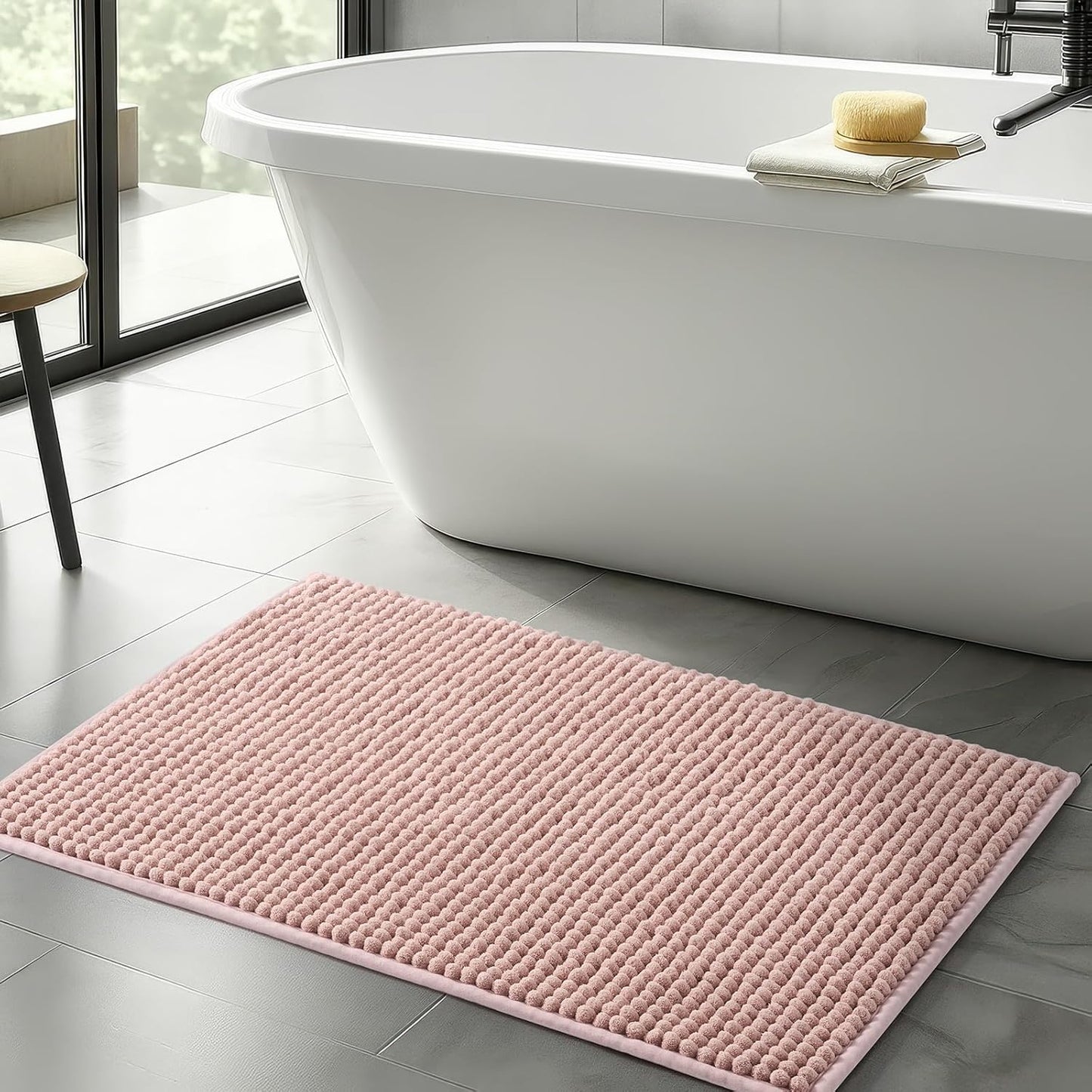 FRESHMINT Thick Chunky Chenille Bathroom Rugs 24"x36", Non Slip Bath Mat for Bathroom Floor, Large Soft Bathroom Decor Accessories, Cute Shower Mat Water Absorbent, Washable, Dusty Pink