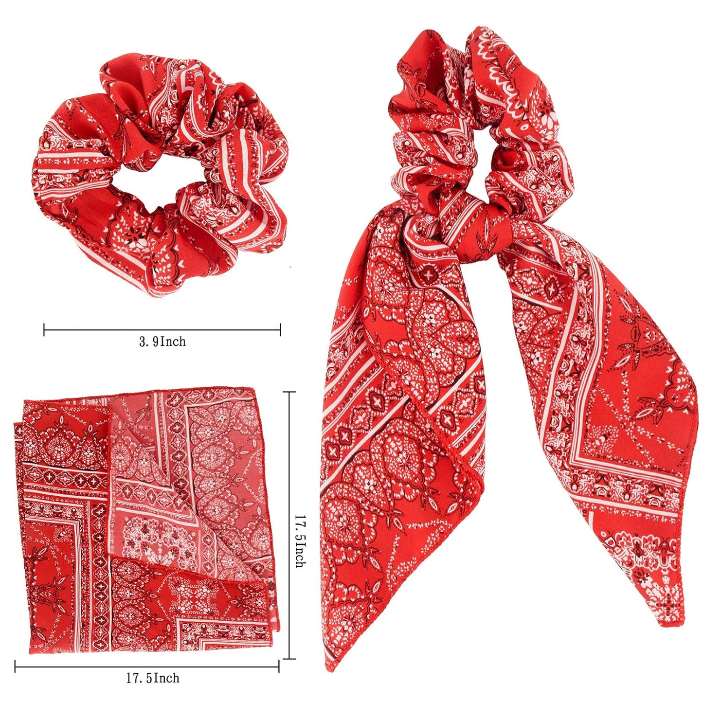 Hair Scarf Ties Ponytail with 6PCS Scarf-Scrunchies, Paisley Flower Printing, Chiffon Material, for Women Girls, Hair Accessories