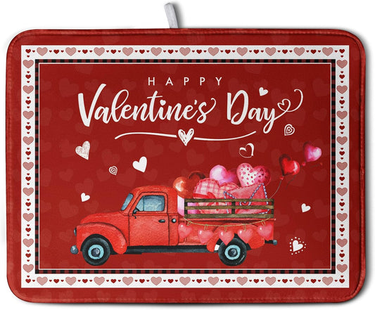 Valentine Red Truck Love Heart Dish Drying Mat 16x18 Inch Happy Valentine's Day Drying Mat for Kitchen Counter Microfiber Dish Drainer Mats Absorbent Dish Rack Pad for Home Coffee Bar Sinks