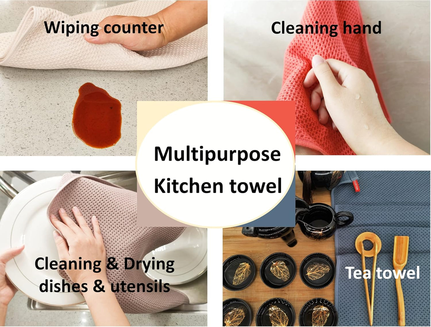 Kitchen Towels 100% Cotton Waffle Weave Dish Towel for Cleaning Drying Dishes Extra Absorbent and Soft, Dish Cloth,13 x 28 in, 8 Pack (Beige+Dark Grey+Brown+Red-8 Pack)