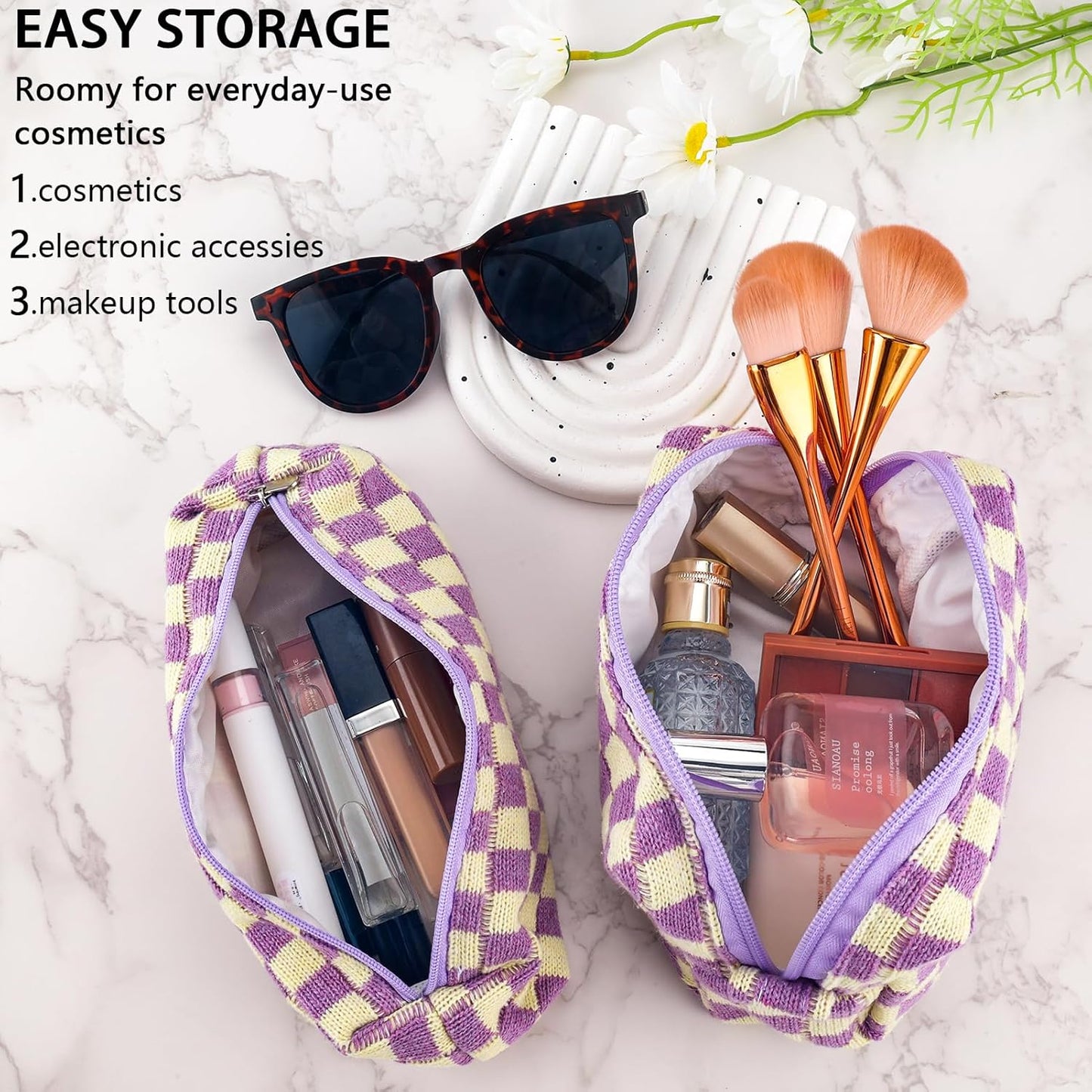 2Pcs Checkered Pencil Case Cute Pencil Pouch for Teens Checkered Makeup Bag Travel Cosmetic Bag Set Cute Makeup Pouch for Purse Portable Zippered Skincare Bags Preppy Toiletry Bags Organizer(Purple)