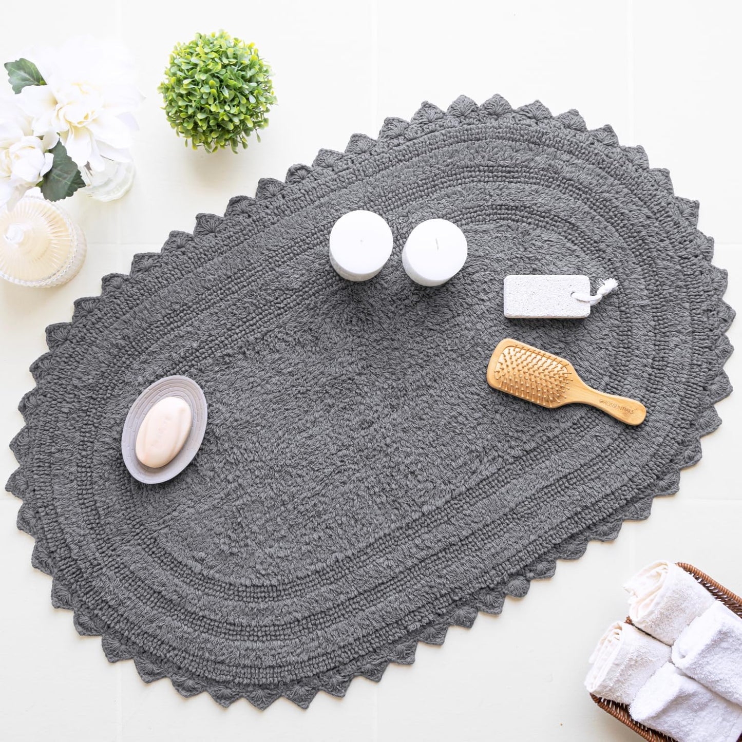 RAJRANG Titanium Grey Oval Cotton Bath Rug 34x21 Inches | Reversible Soft Absorbent Bathroom Mat with Crochet Border | Boho Handwoven Rug for Spa, Kitchen, or Vanity