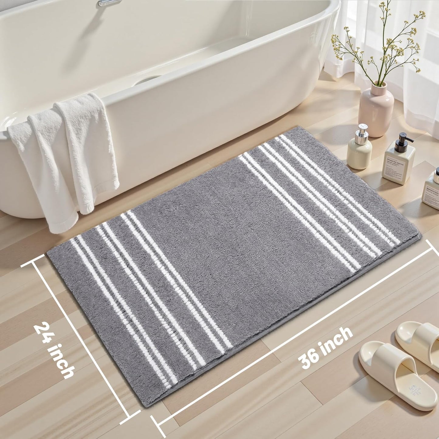 Bathroom Rugs 24x36 Extra Soft Absorbent Bath Mat Chenille Non Slip Shower Mat Rubber Backing Machine Washable Bath Mats for Bathroom Shaggy Grey Bath Rugs for Tub, Hallway