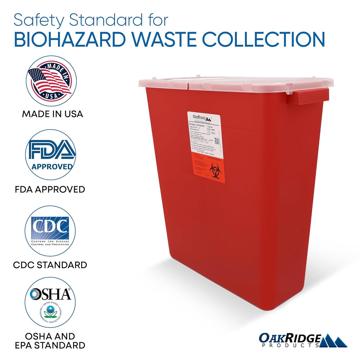 Oakridge Products Large Sharps Container for Home Use and Professional 3 Gallon (1-Pack) with Rotating lid, Biohazard Needle and Syringe Disposal, CDC Certified