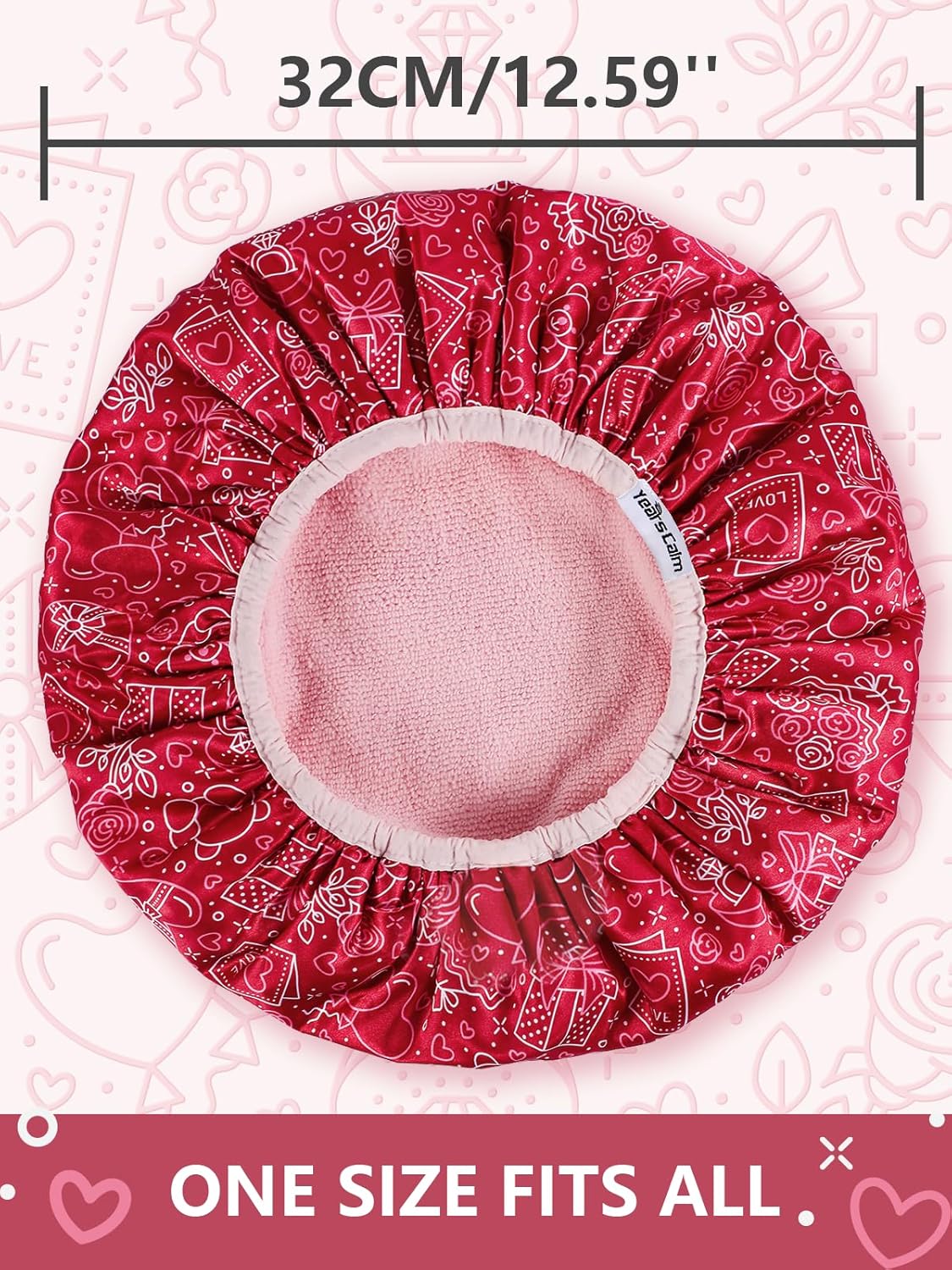 Years calm Terry Lined Shower Cap, Triple Layer Heart Motifs,Waterproof Reusable Elastic,Hair Shower Cap for Women,Terry Cloth Shower Caps for Spa,Clean,Trave (Red, One Size)