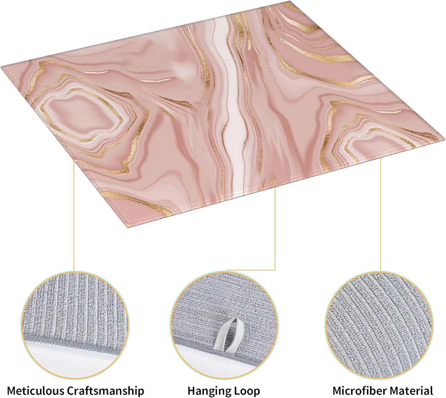 Pink Golden Marble Dish Drying Mat for Kitchen Counter Washable Absorbent Reversible Microfiber Rose Pink Modern Decorative Drying Pad Kitchen Accessories 16"x18"