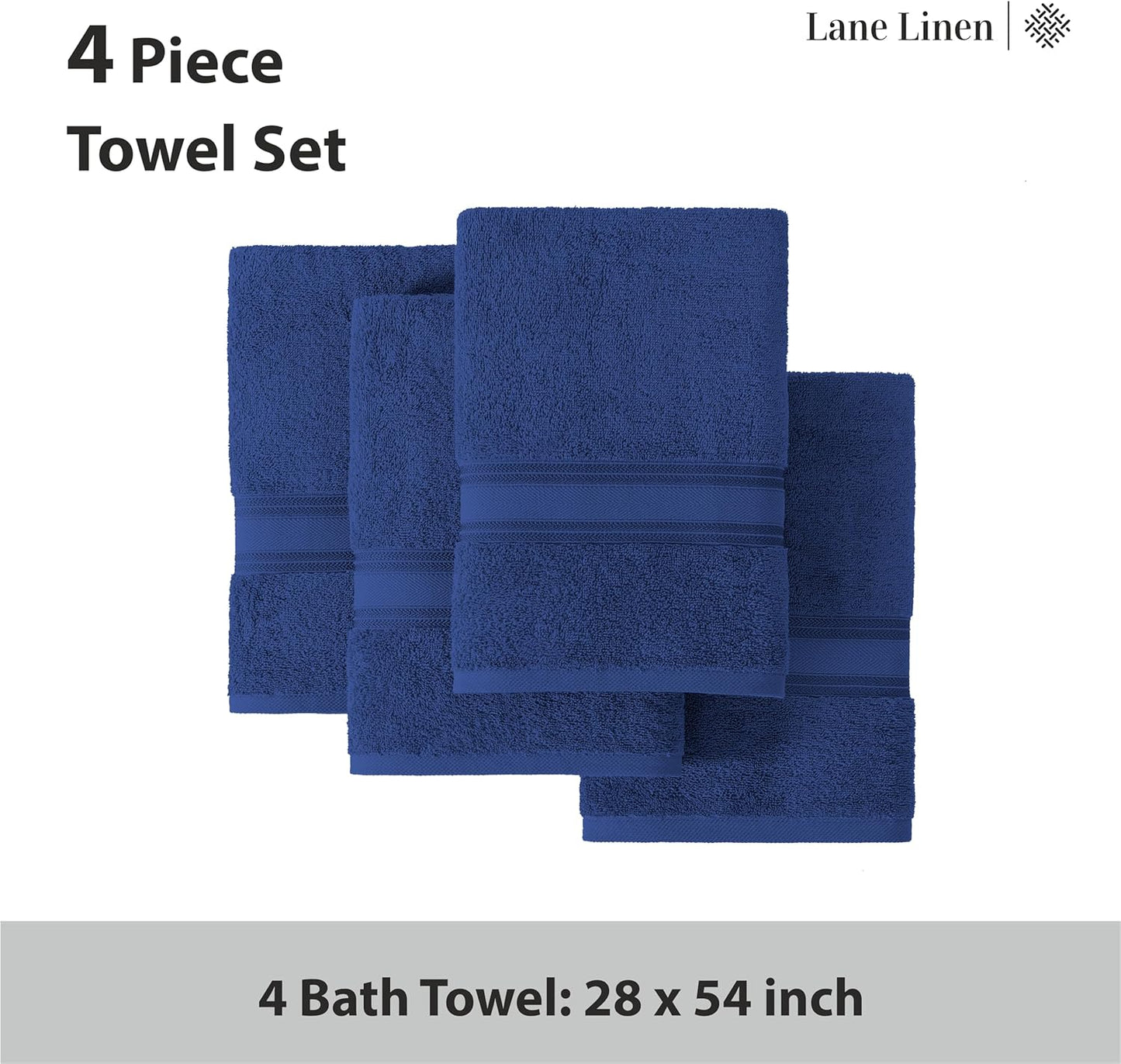 LANE LINEN 100% Cotton 4 Pack Bath Towels (28"x54") - Zero Twist, Mercerized Cotton Towels Set for Bathroom - Quick Dry, Soft & Absorbent Large Bath Towel Set - Dorm Essentials for Boys - Navy Blue
