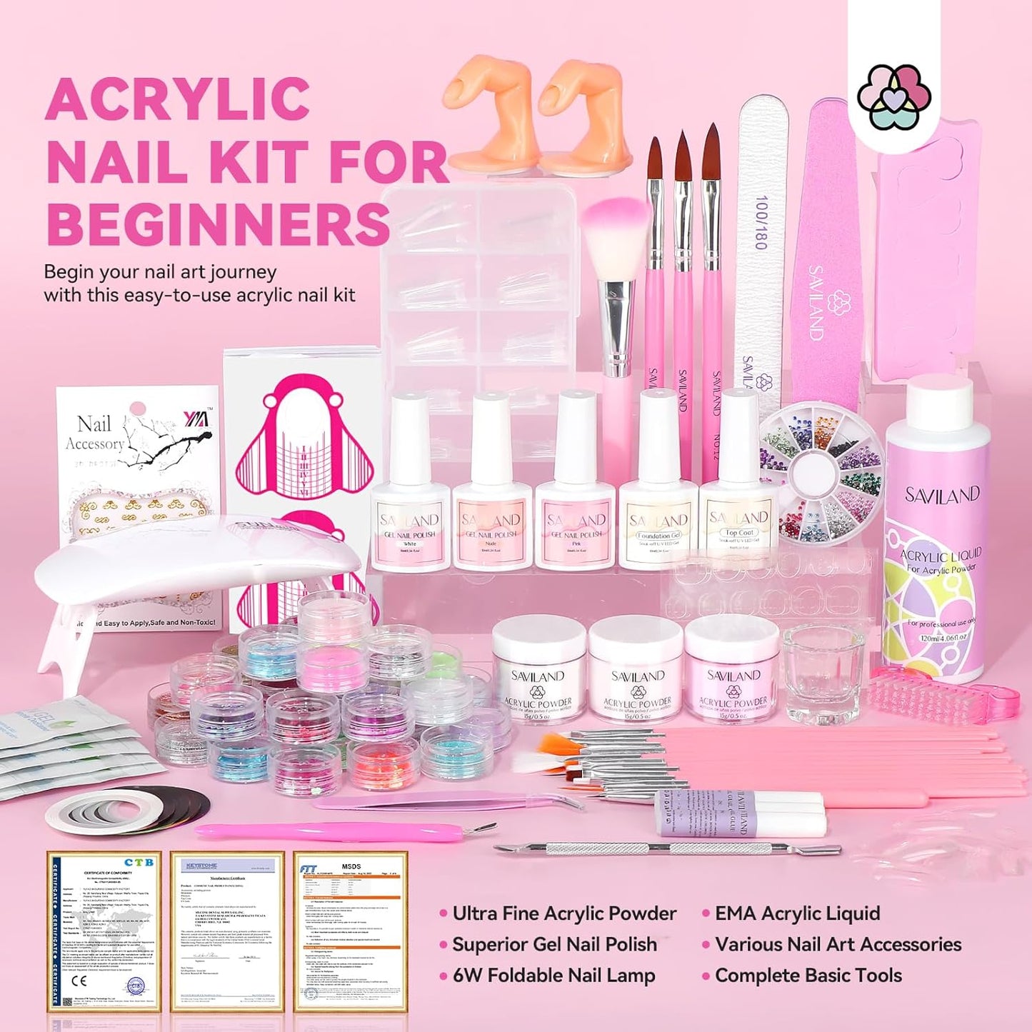 SAVILAND Acrylic Nail Kit with Everything: Professional Nails Kit Acrylic Set for Beginner Acrylic Powder Acrylic Liquid Gel Polish Kit U V Light Acrylic Nail Set Full Acrylic Nail Supplies Home Salon