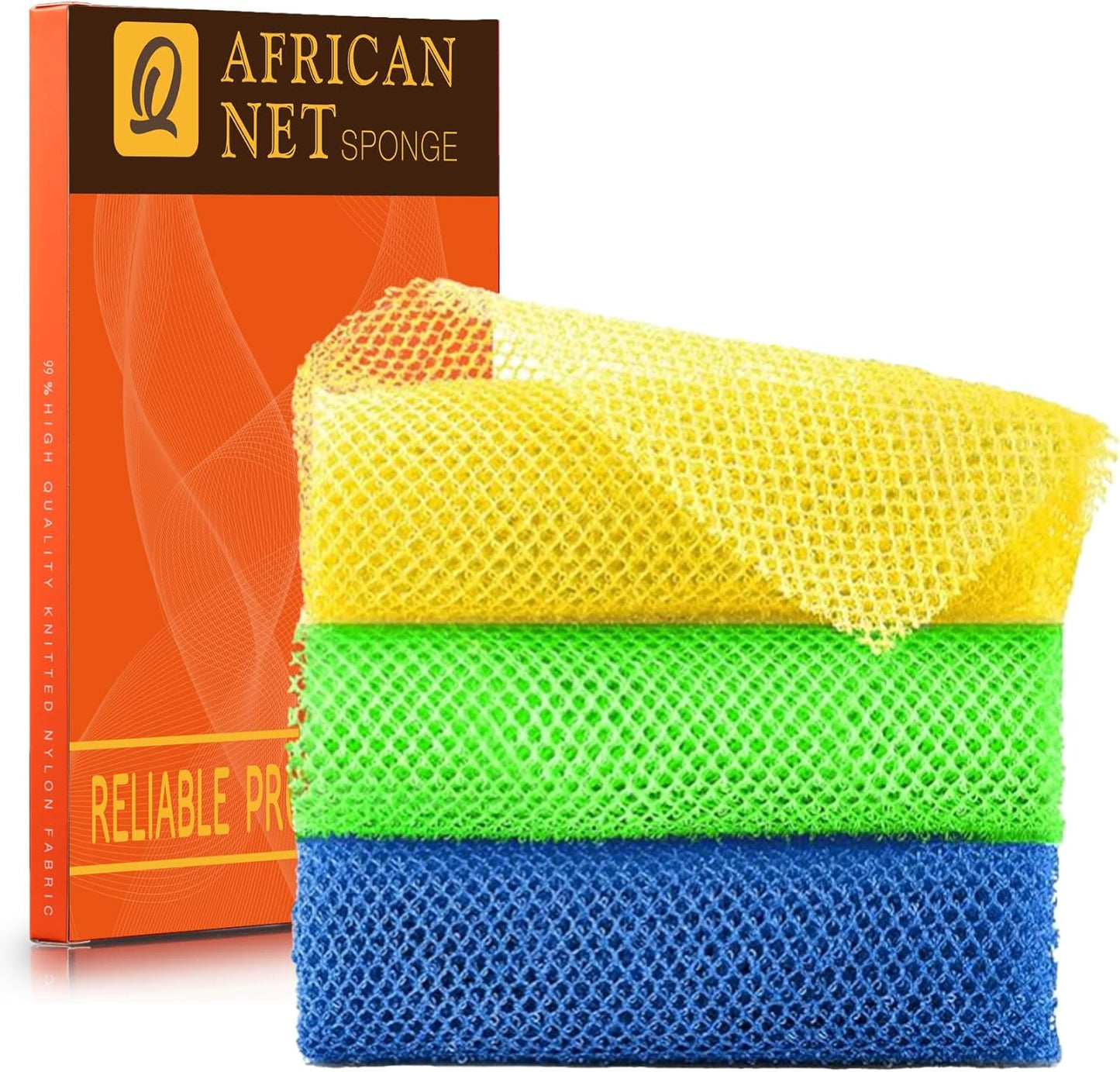 UJFQBH 3 Pieces African exfoliating net African Net Long Net Bath Sponge Exfoliating Shower Body Scrubber Back Scrubber Skin Smoother,Great for Daily Use (Yellow, Green, Blue)