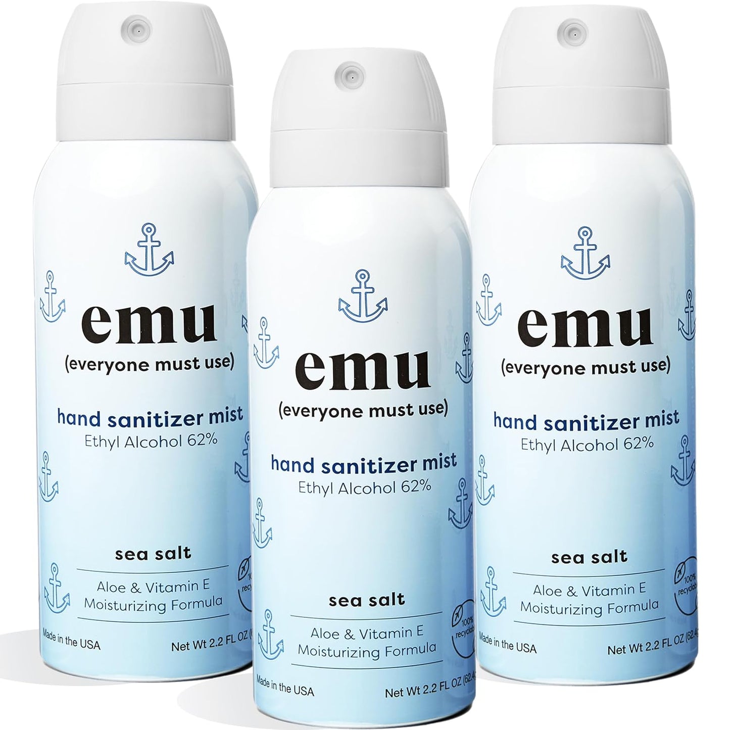 EMU (EVERYONE MUST USE) Hand Sanitizer pocket spray, Travel size 2.2oz. Cleanses Your Hands, Hydrating. Hand soap bulk. 24-hour disinfectant sanitizing. Made in USA (Pack3_Sea_Salt)