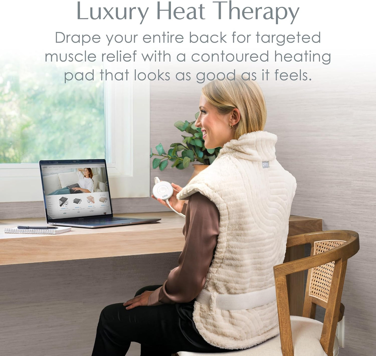 Pure Enrichment® PureRadiance™ Back & Neck Luxury Heating Pad for Pain Relief, Patented Design, Soft Faux Fur & Micromink, 6 Heat Settings, Machine Washable, Universal Fit, 31.5” x 24” (Golden Sands)