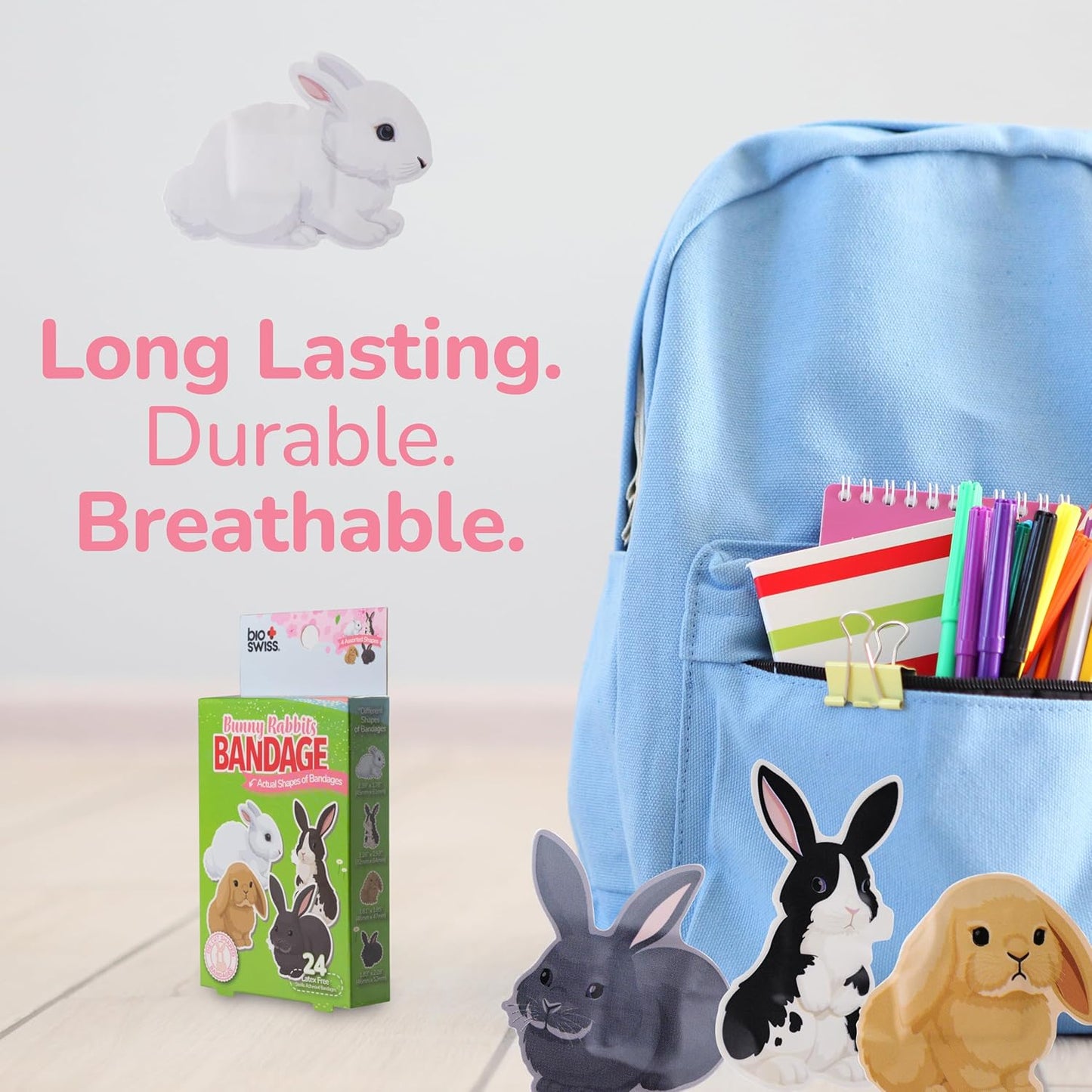 BioSwiss Kids Bandages, Bunny Rabbits Shaped Self Adhesive Bandage Set, Latex Free, Sterile Wound Care, 24 Count