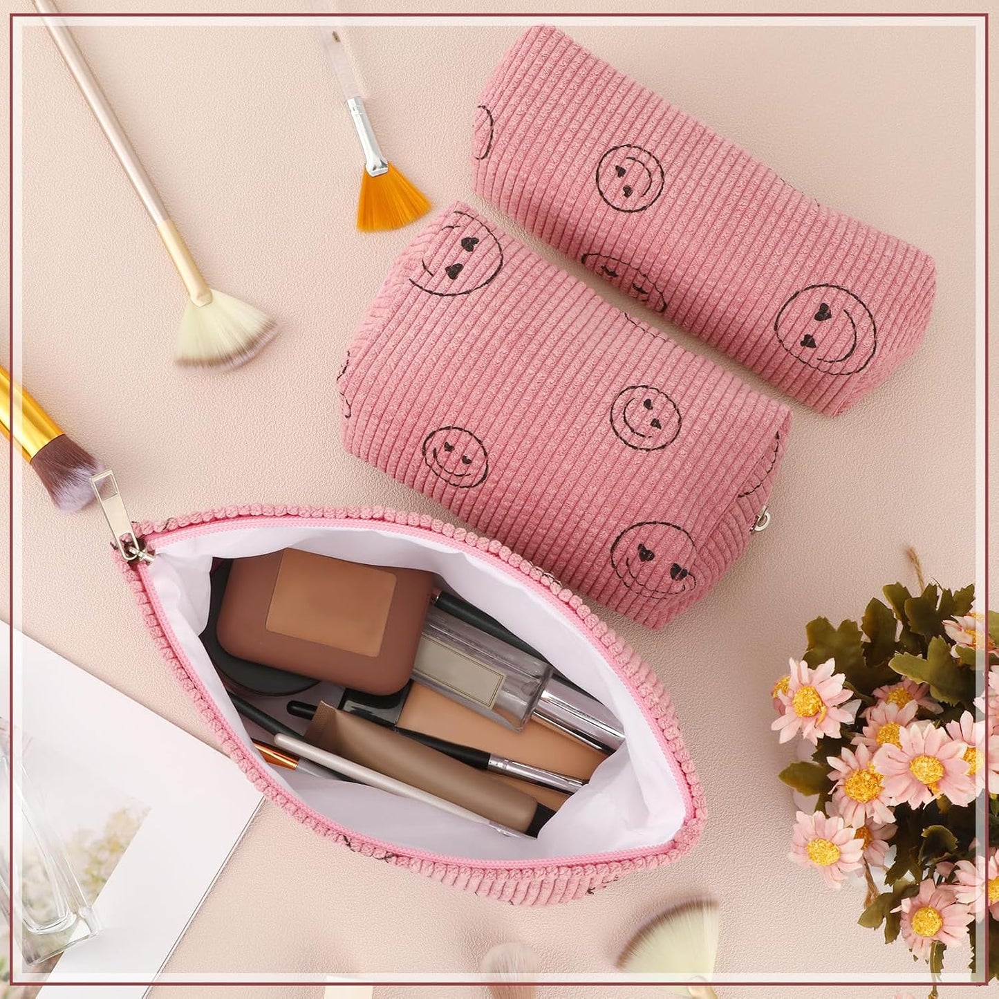 3 Pcs Makeup Bag Set for Women Corduroy Cosmetic Pouch Aesthetic Smile Travel Toiletry Bag Cute Purse Pouch Pencil Case Makeup Brushes Storage Organizer for Christmas(Pink,Smile Face)