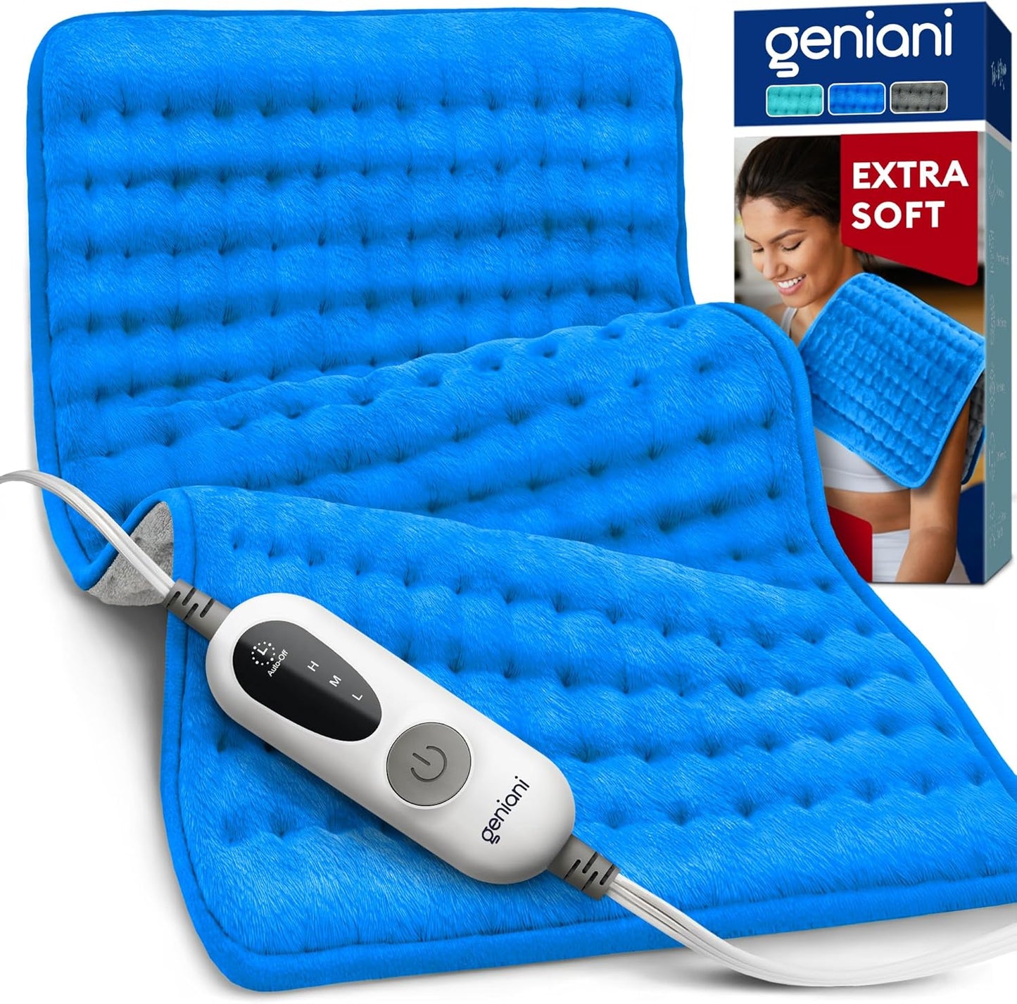 GENIANI Electric Throw Double Sided XL Heating Pad Electric for Lower Back Pain & Period Cramps Relief, Heat Pad with 3 Heat Settings for Neck & Shoulders, Heat Patches (12x24 Electric Blue)