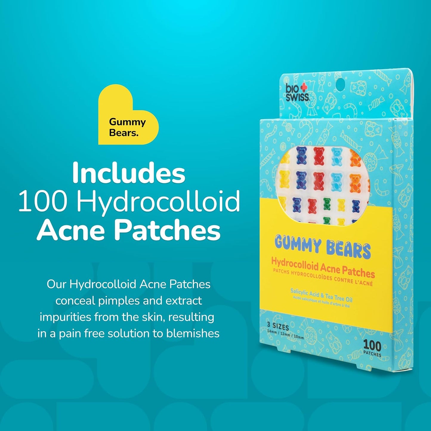 BioSwiss Pimple Patches, Gummy Bears Patch for Zits and Blemishes, Hydrocolloid Spot Stickers for Face and Skin, 100 Count