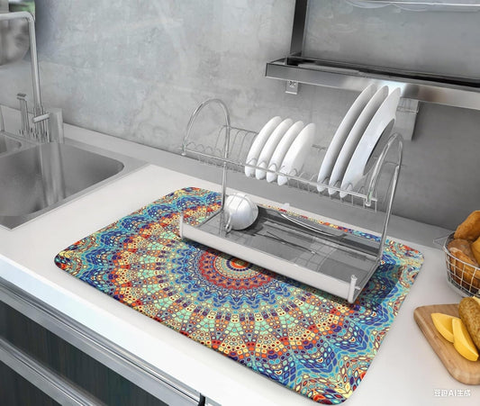 Bohemian Mandala Dish Drying Mat for Kitchen Counter Boho Microfiber Dish Drying Mats 18 x 24 Inch with High Absorbent Reversible Microfiber Dish Drying Pad Rack Mat for Coffee Bar