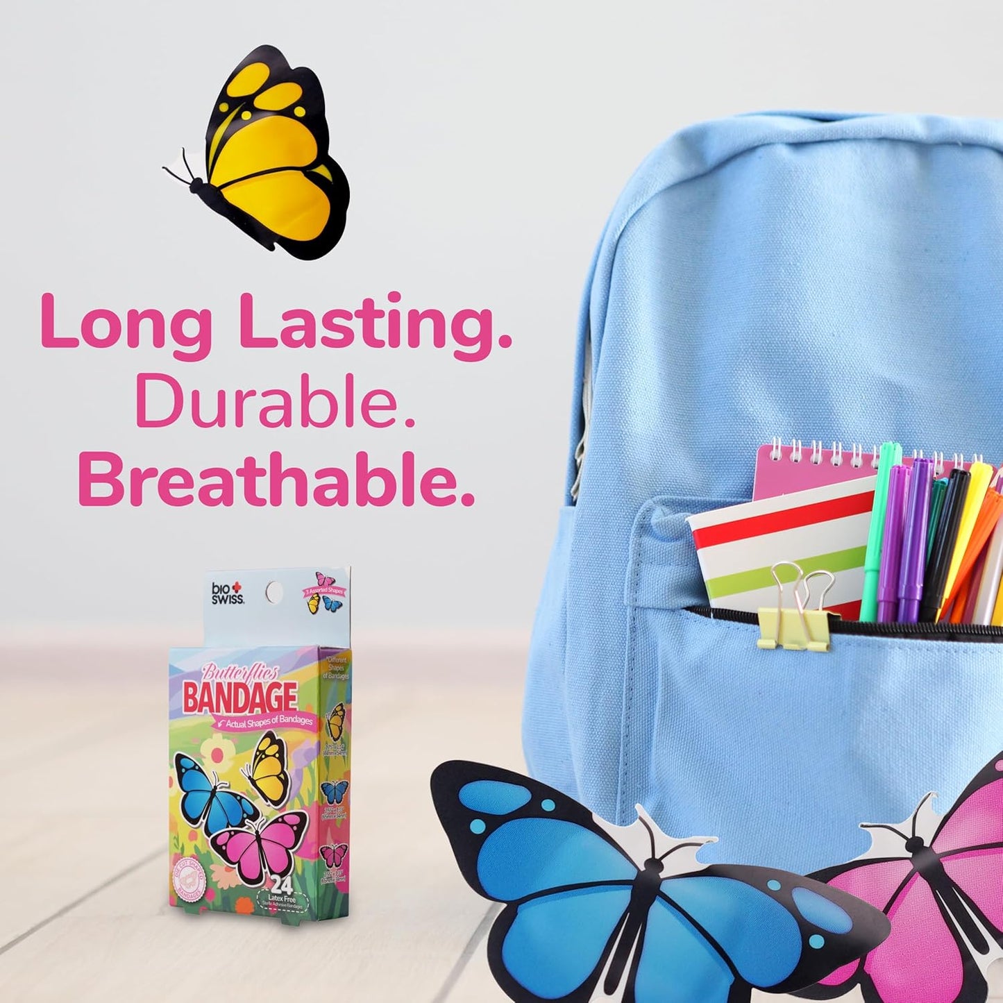 BioSwiss Kids Bandages, Butterfly Shaped Self Adhesive Bandage Set, Latex Free, Sterile Wound Care, 24 Count