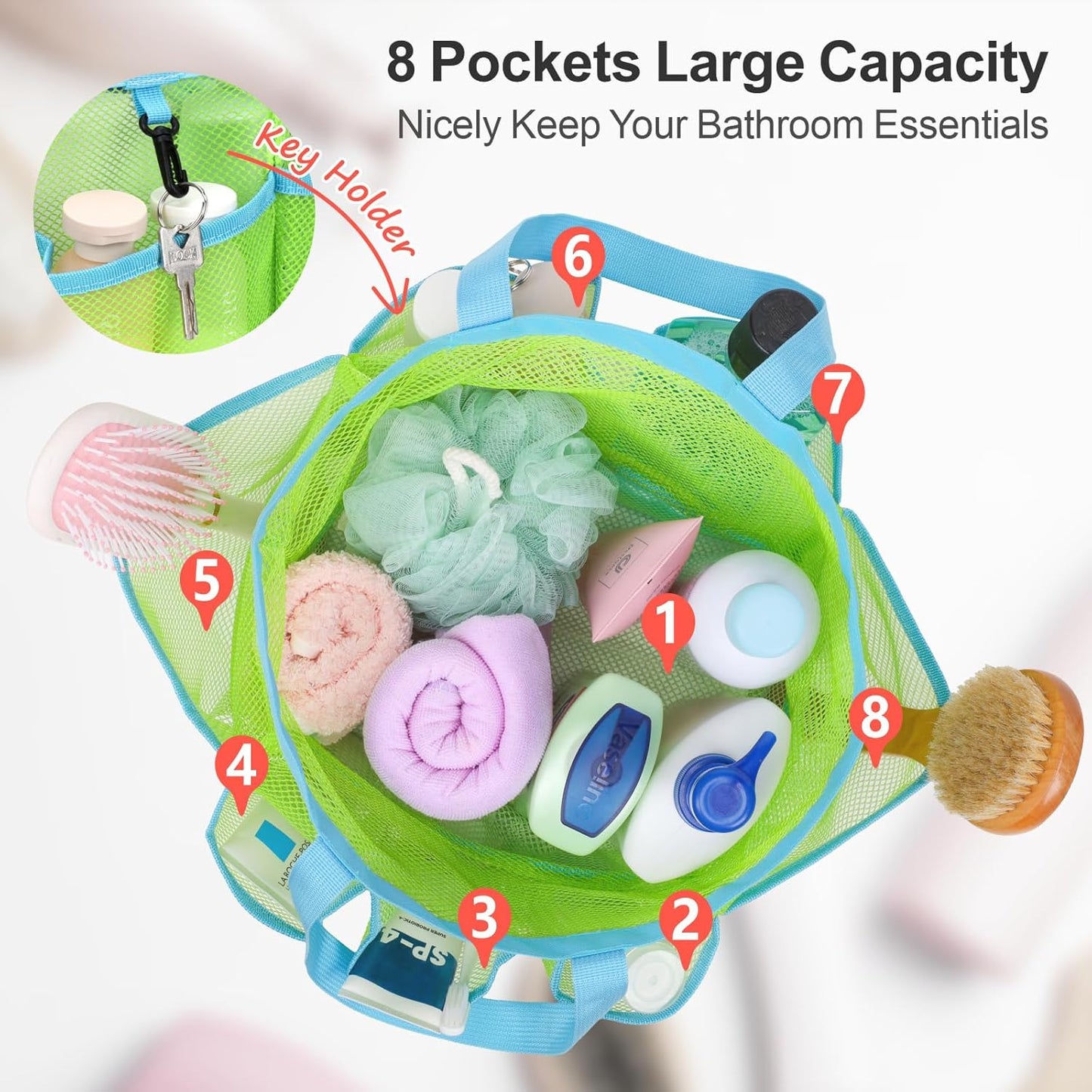 F-color Mesh Shower Caddy Portable with Drawstring - Upgrade Deeper 7 Pockets Dorm Room Essentials for Guys Girls with S Hook, Shower Bag Basket Tote for College Camping Toiletry Bathroom, Green